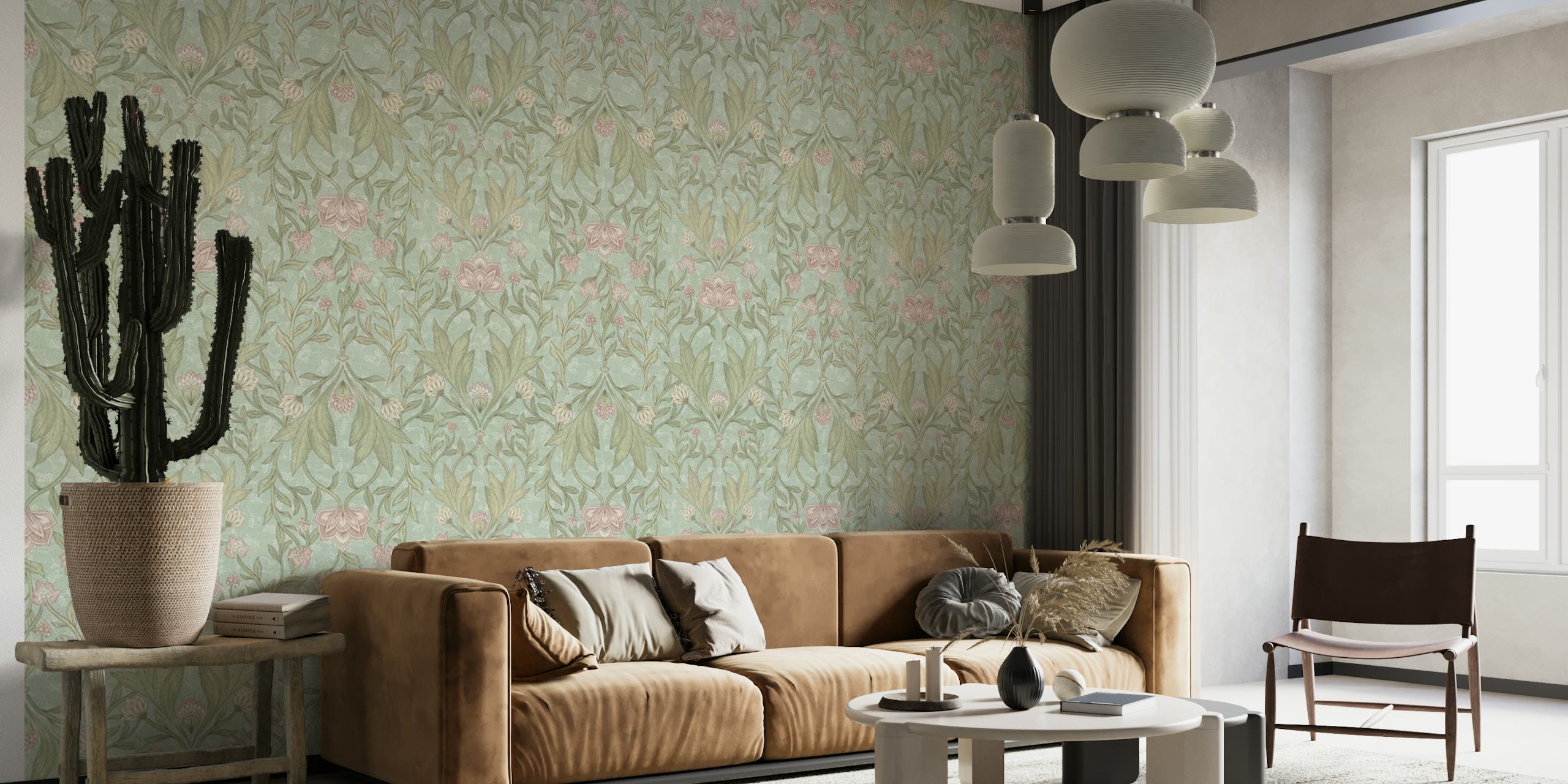 Elegant florals and leaves damask pattern wall mural in subtle hues