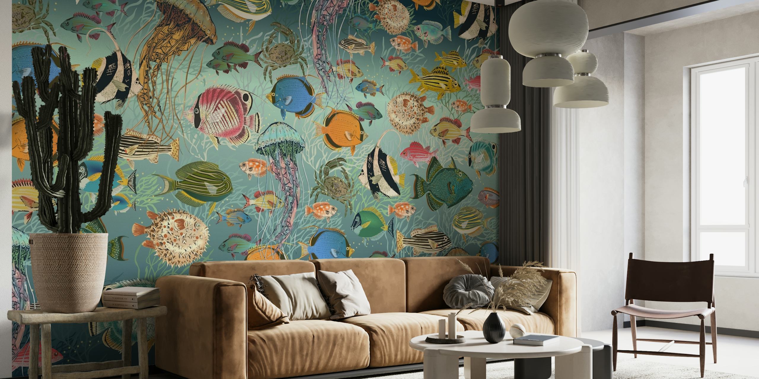 Colorful ocean fishes on a blue gradient background wall mural