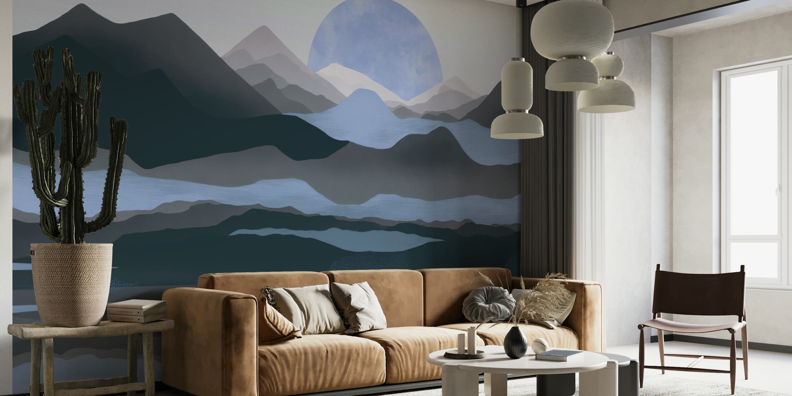 Calm Moon Rise over Mountain Range vægmaleri til rolig indretning