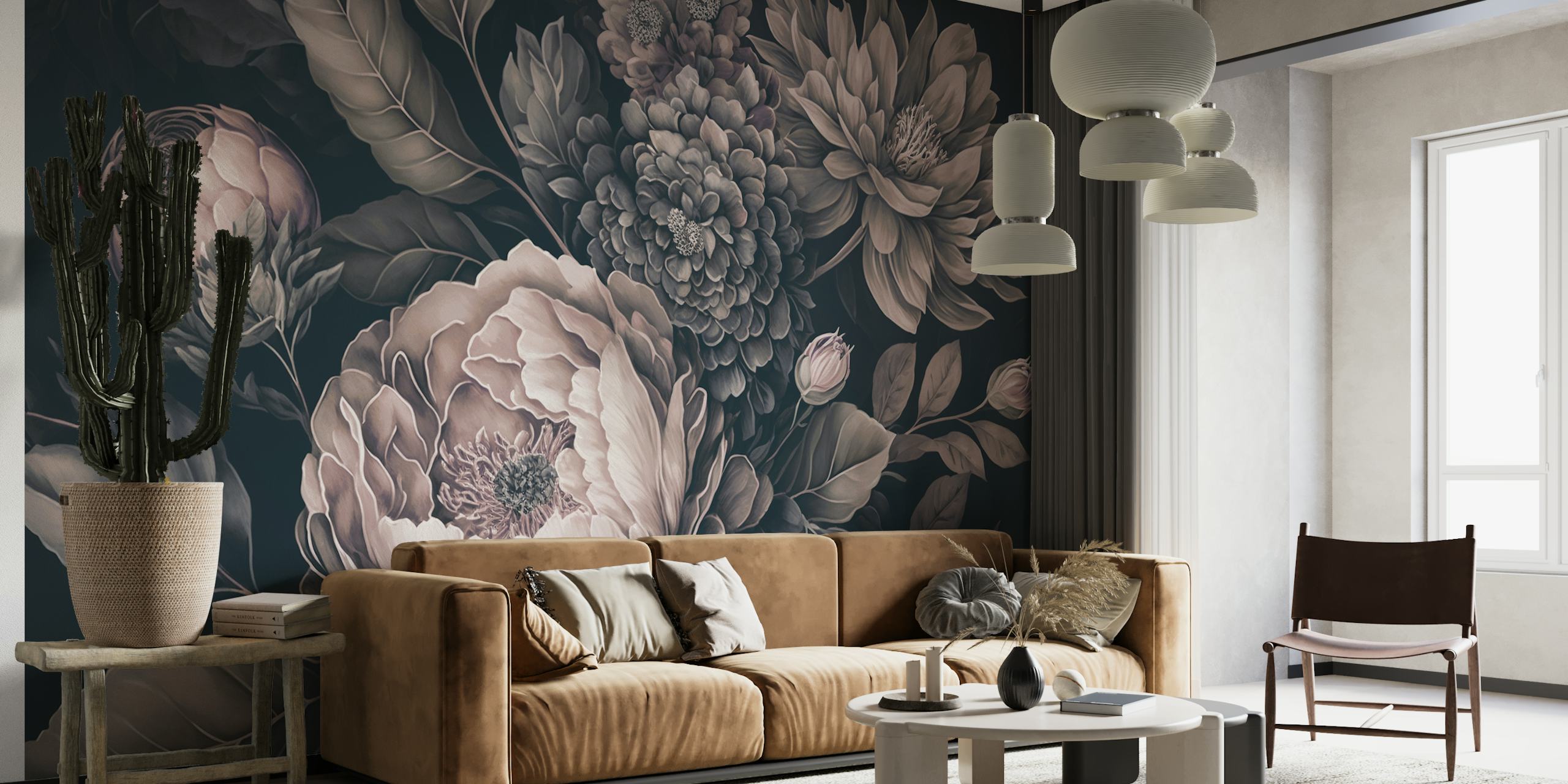 Décoration murale d'art floral de style baroque avec des fleurs sombres et élégantes