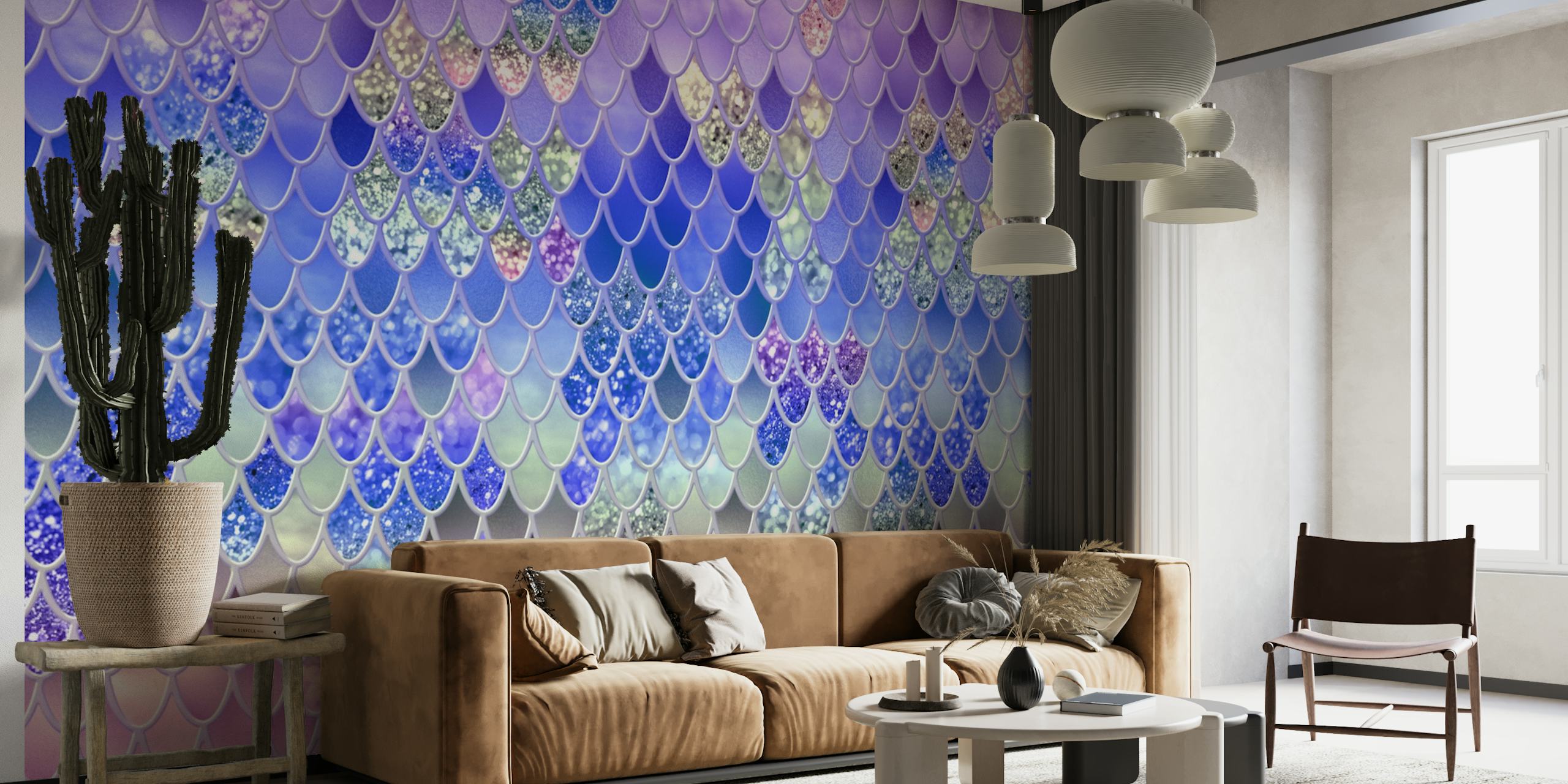 Papier peint mural à motif d'écailles de sirène scintillantes dans des tons violets et bleus