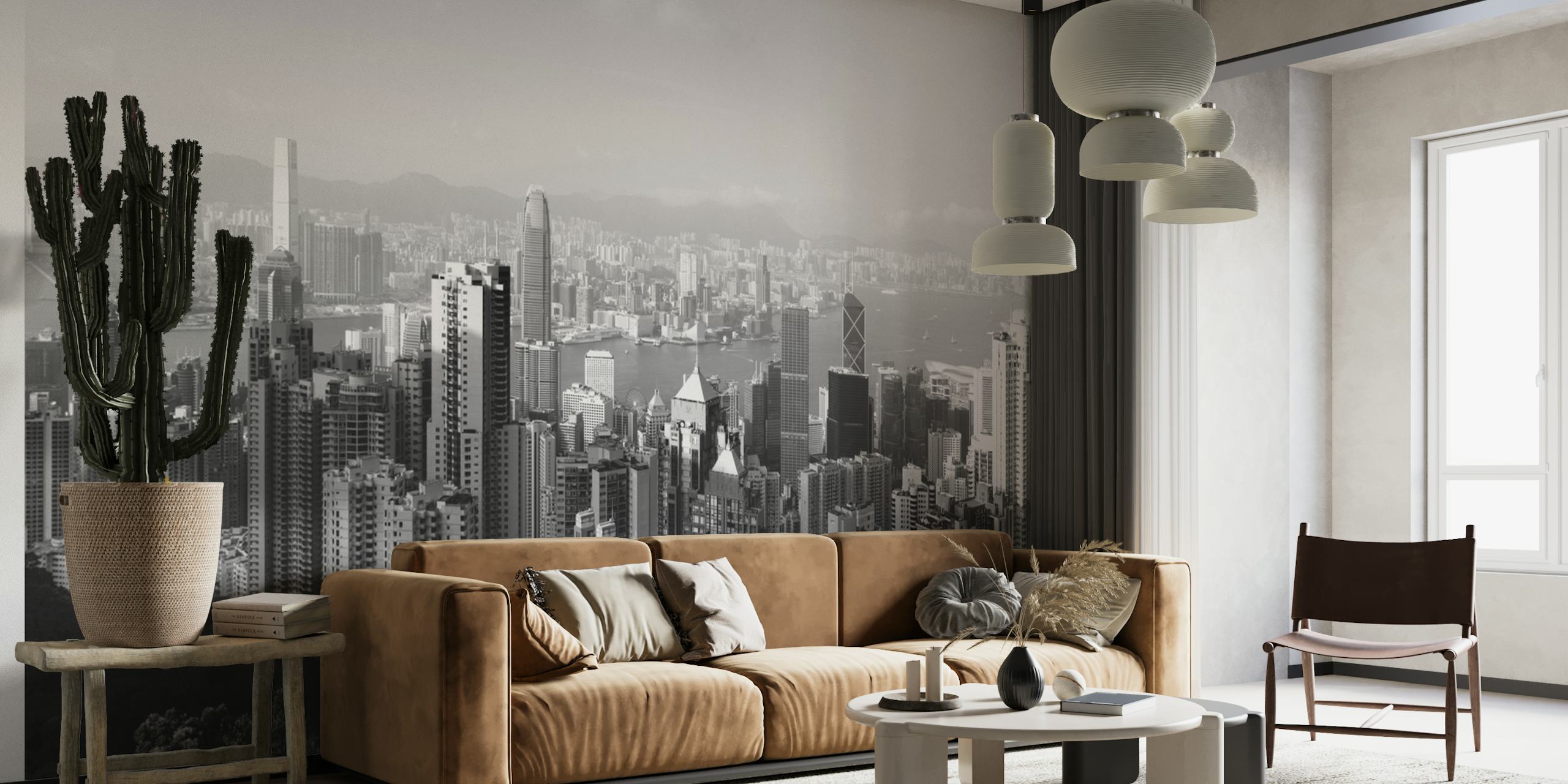 Fotomural vinílico de parede monocromático do horizonte da cidade de Hong Kong