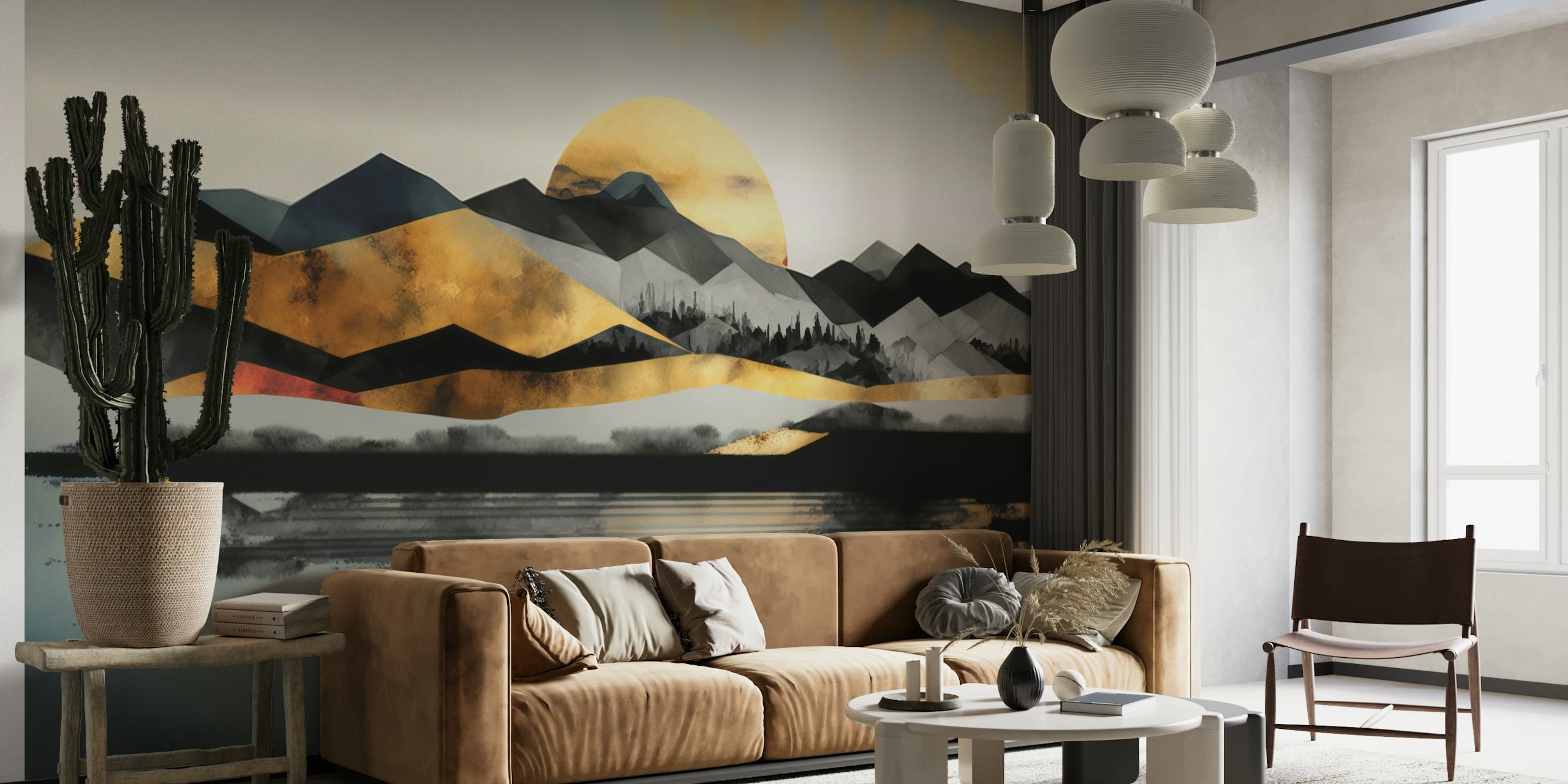 Calm moon rising over mountains with reflection in water wall mural