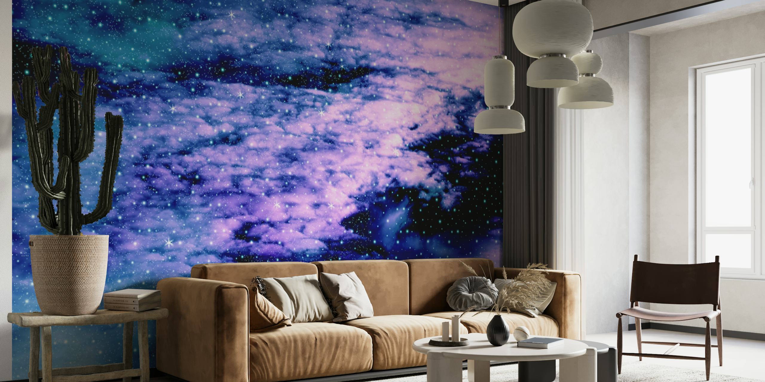 Starry galaxy nebula in purple and teal wallpaper