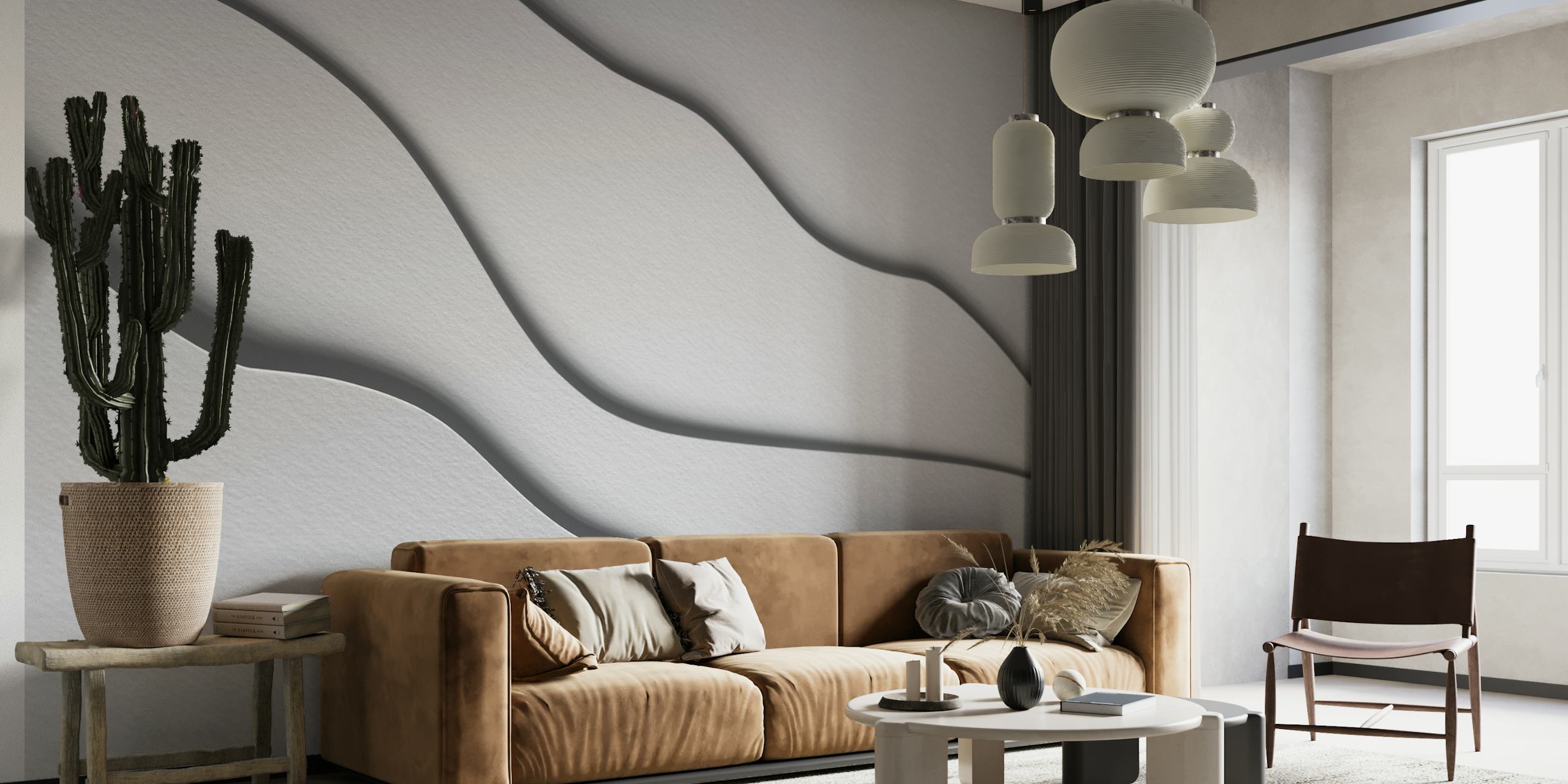Abstract monochrome wall mural with flowing shapes and soft shadows