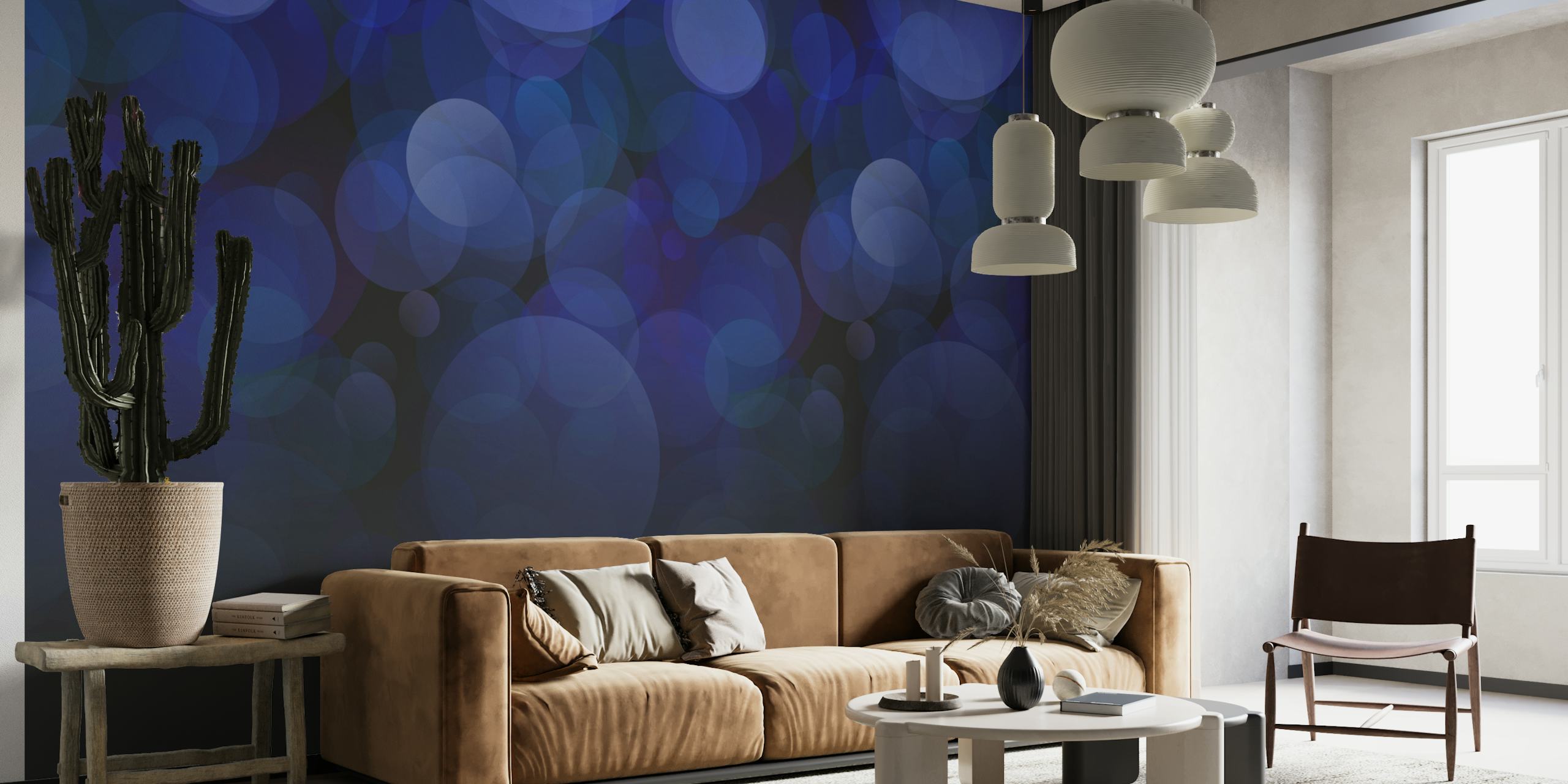 Fotomural vinílico de parede com luz bokeh azul abstrato evocando um céu noturno estrelado