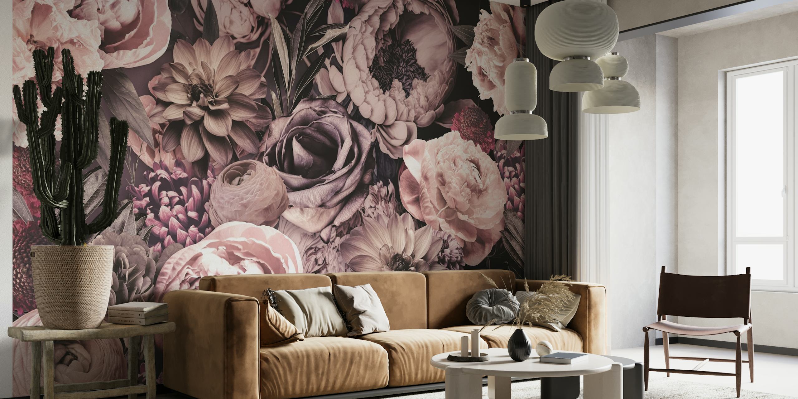 Moody Baroque Floral Pink papel de parede