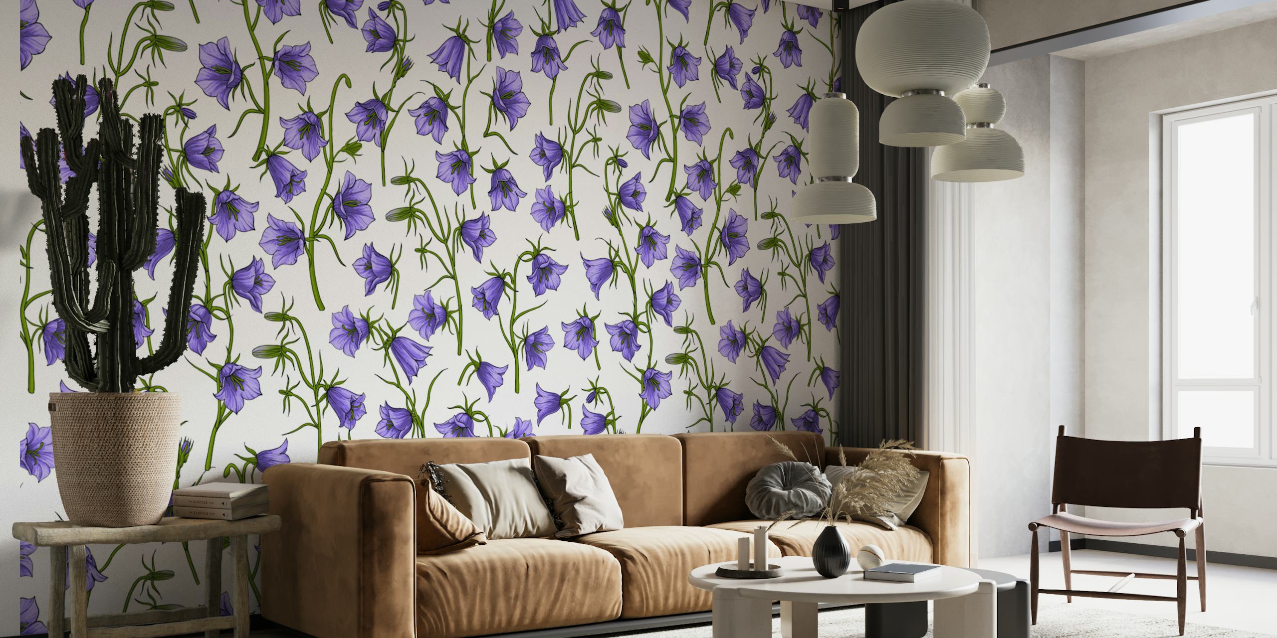 Bellflowers in violet τοιχογραφία με επαναλαμβανόμενο μοτίβο από βιολετί λουλούδια σε σχήμα καμπάνας σε λευκό φόντο