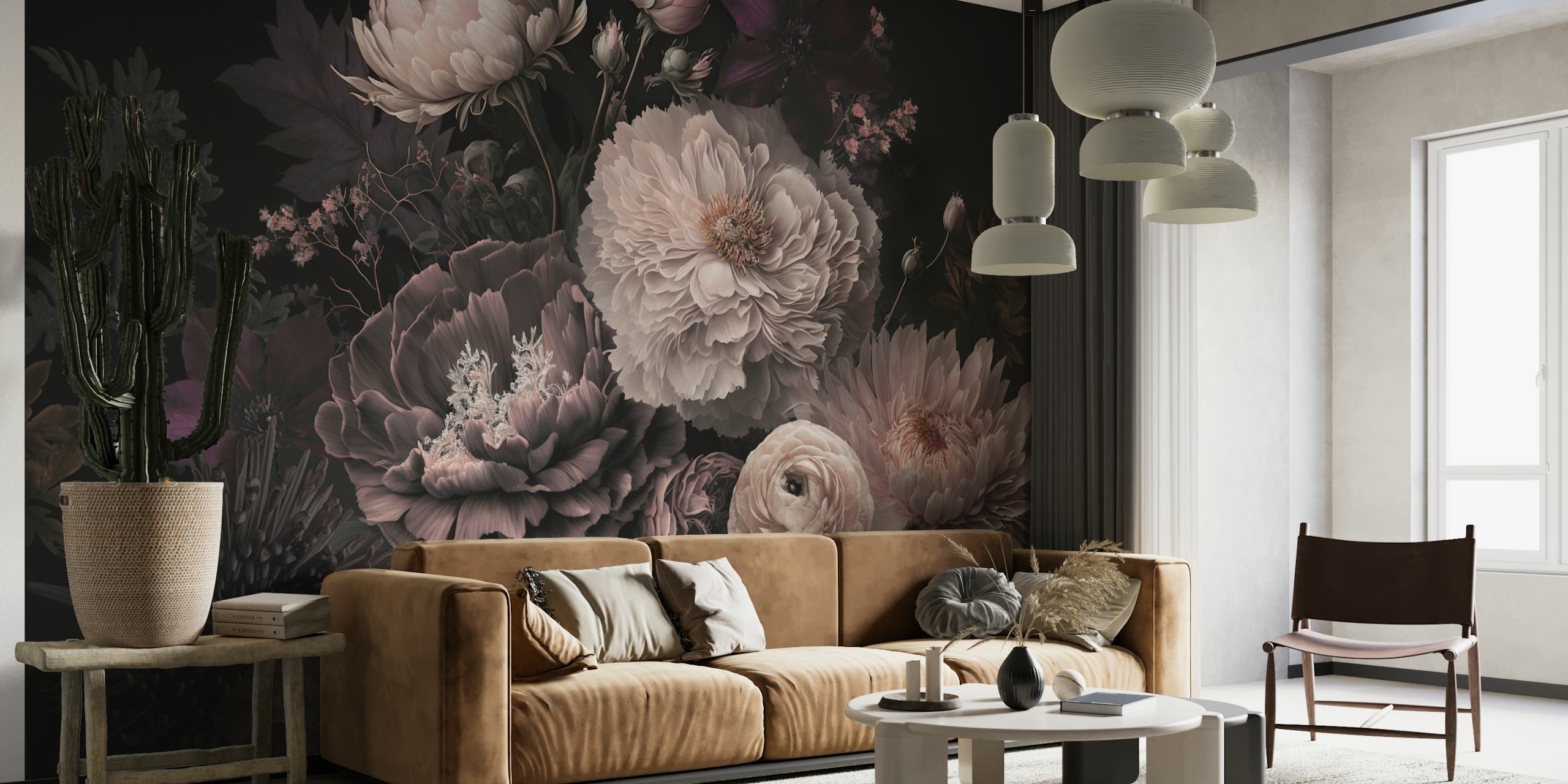 Dark moody floral wallpaper featuring peonies and blossoms in deep tones