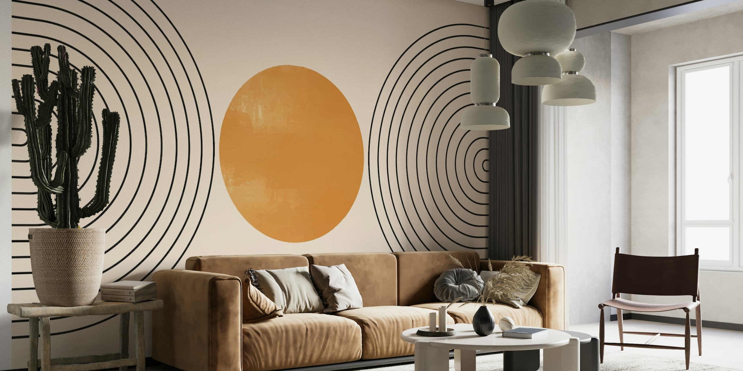 Geometric wallpaper featuring orange circles and black lines on a beige background