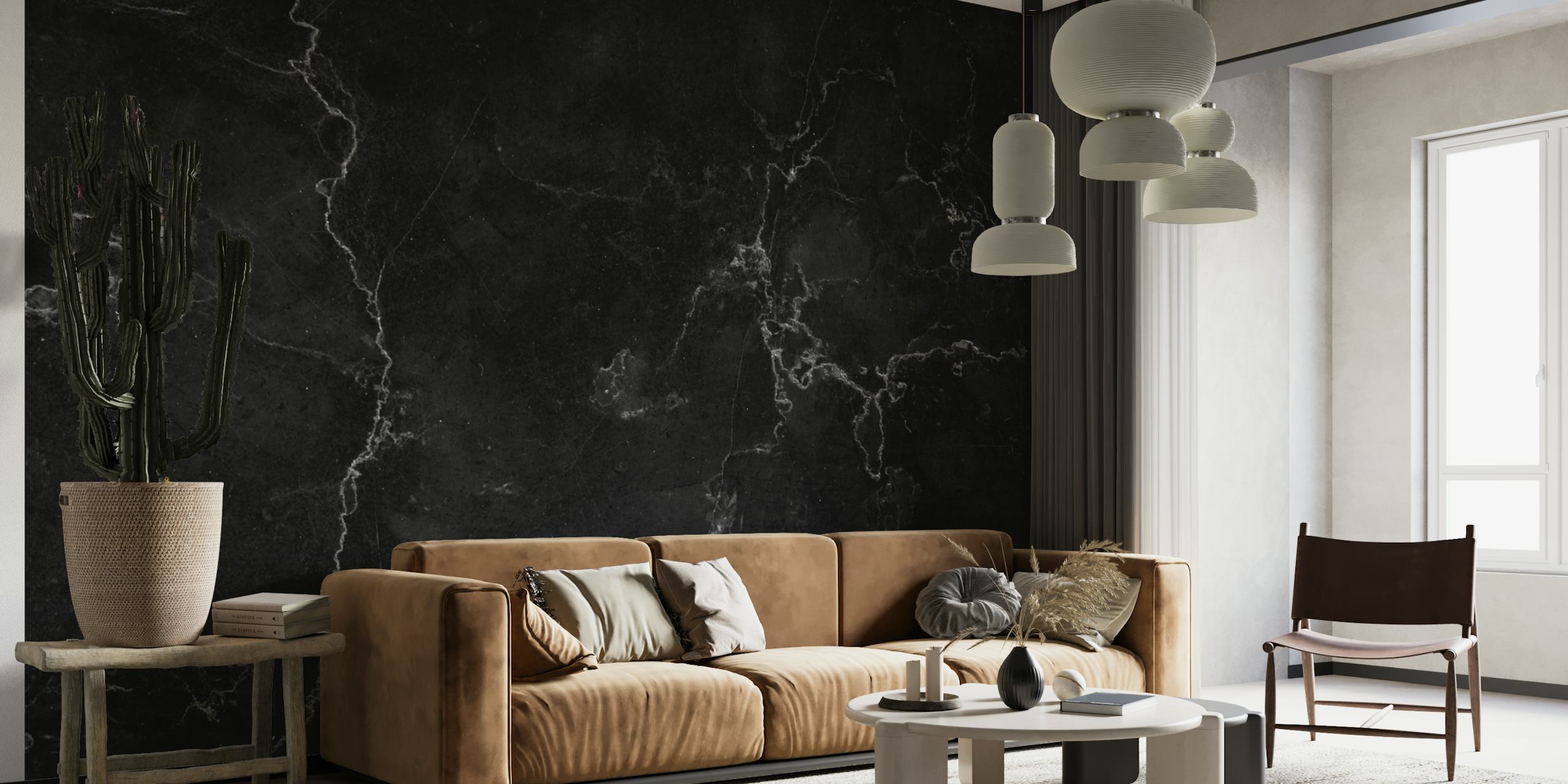 Black marble wallpaper with white vein patterns, modern style