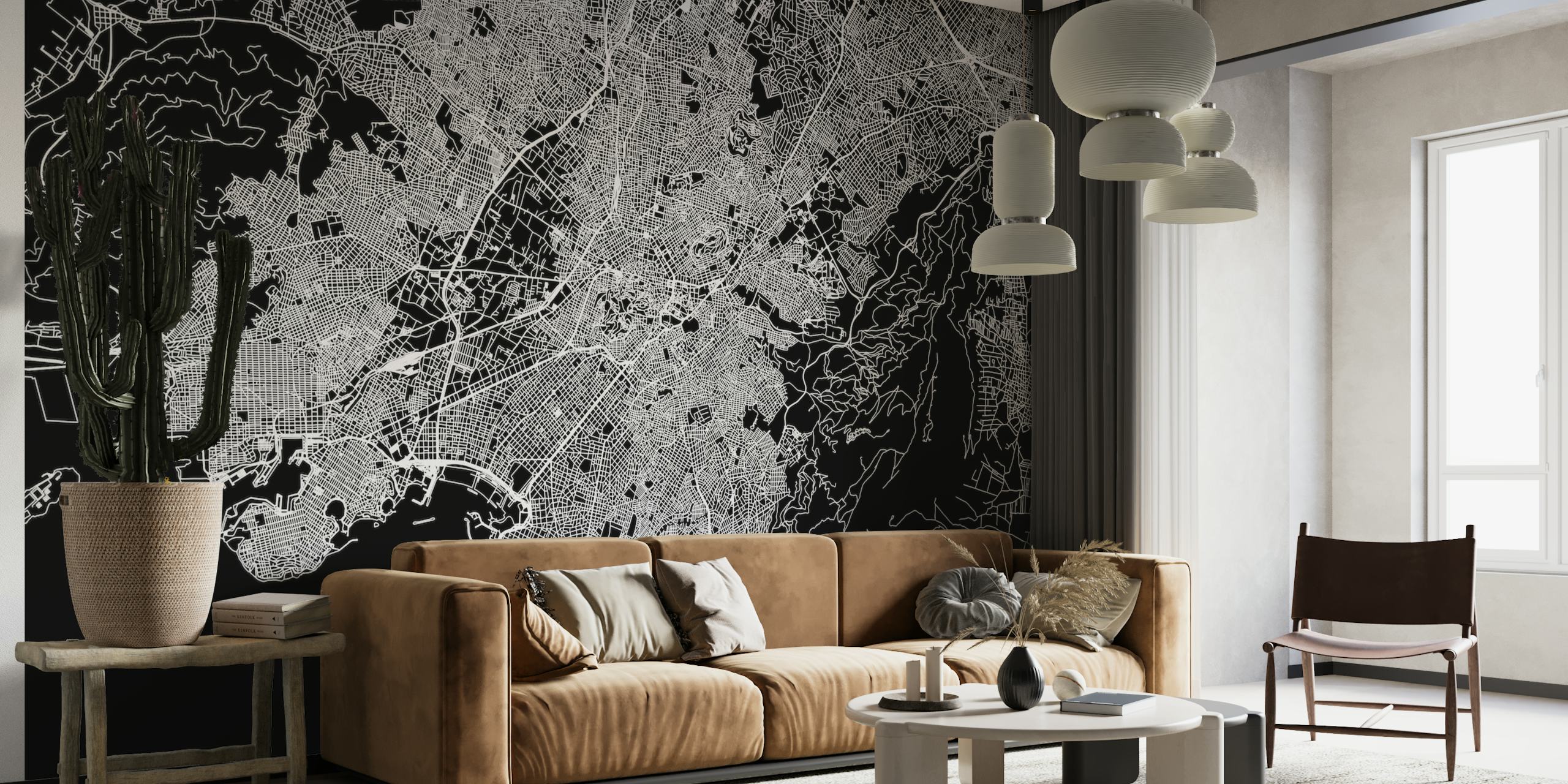 Monochrome detailed street map wall mural of Athens, perfect for adding an urban touch to interiors.