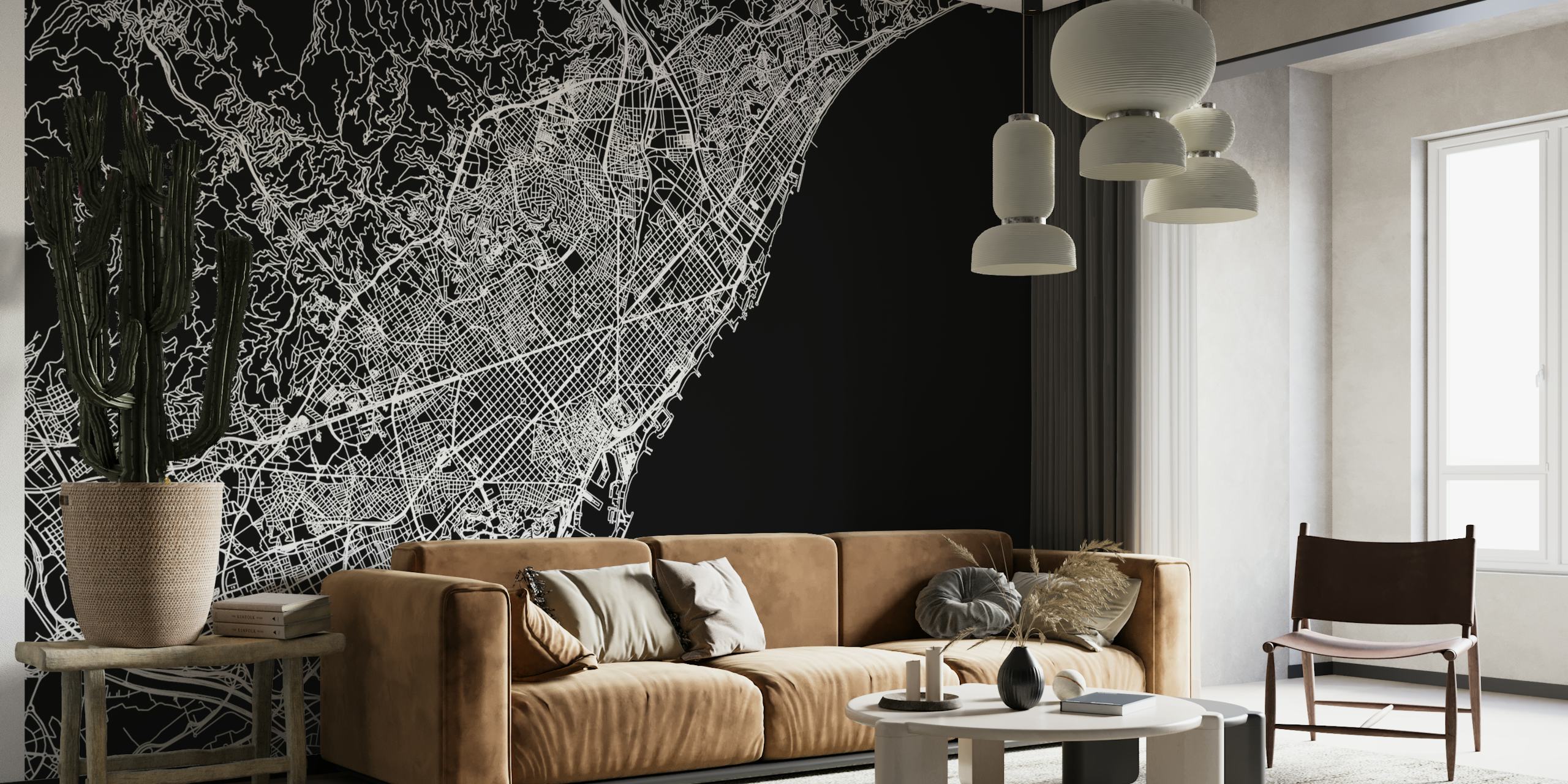 Abstract monochrome street map of Barcelona wall mural