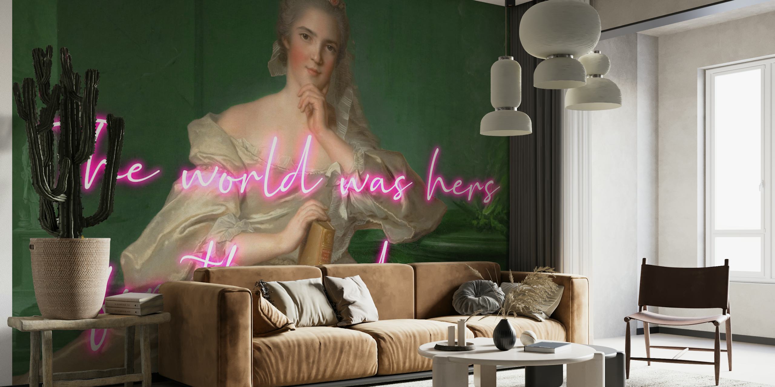 Vintage floral reading wallpaper with lady holding a book, green background