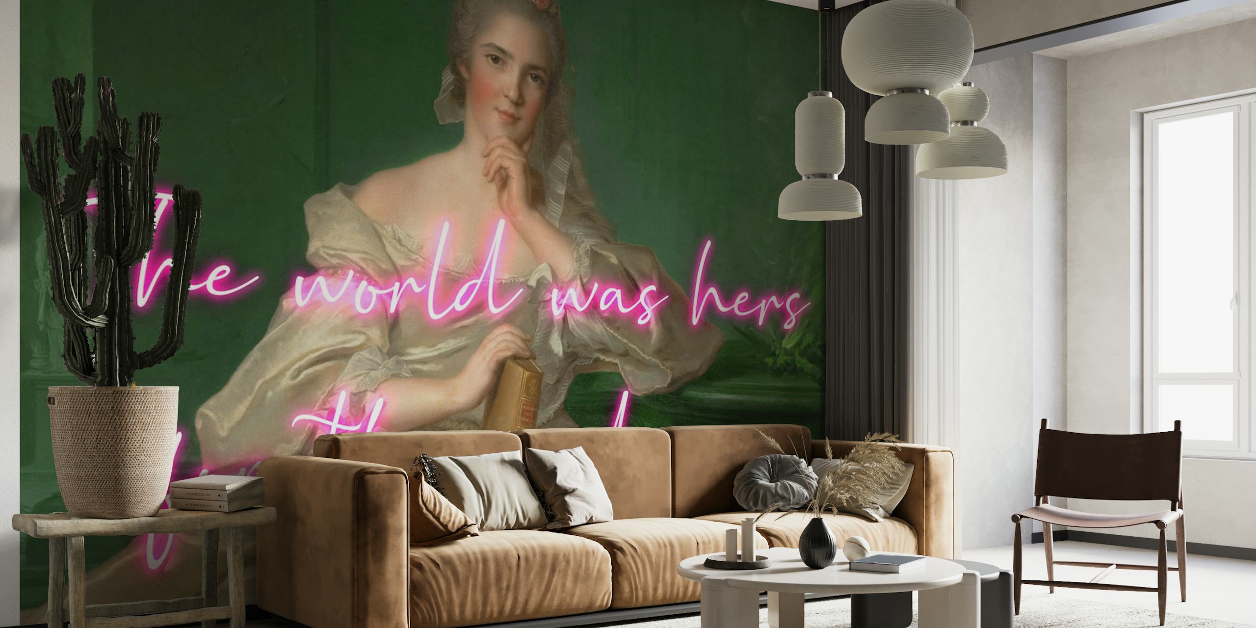 Elegant kvinna som läser med "Världen var hennes för läsningen" citat väggmålning