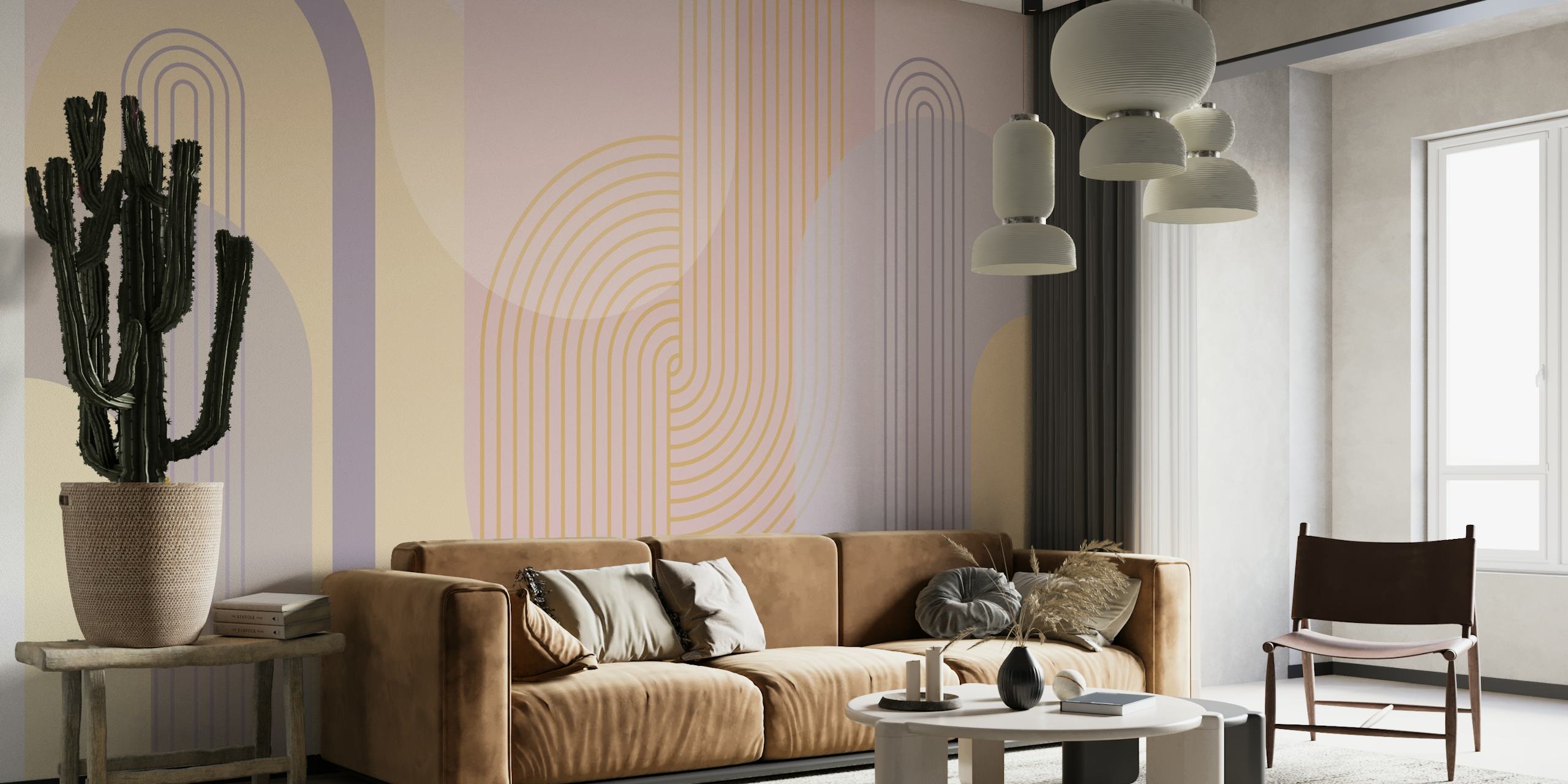 Abstract arches wall mural in pastel tones of blush, taupe, and cream