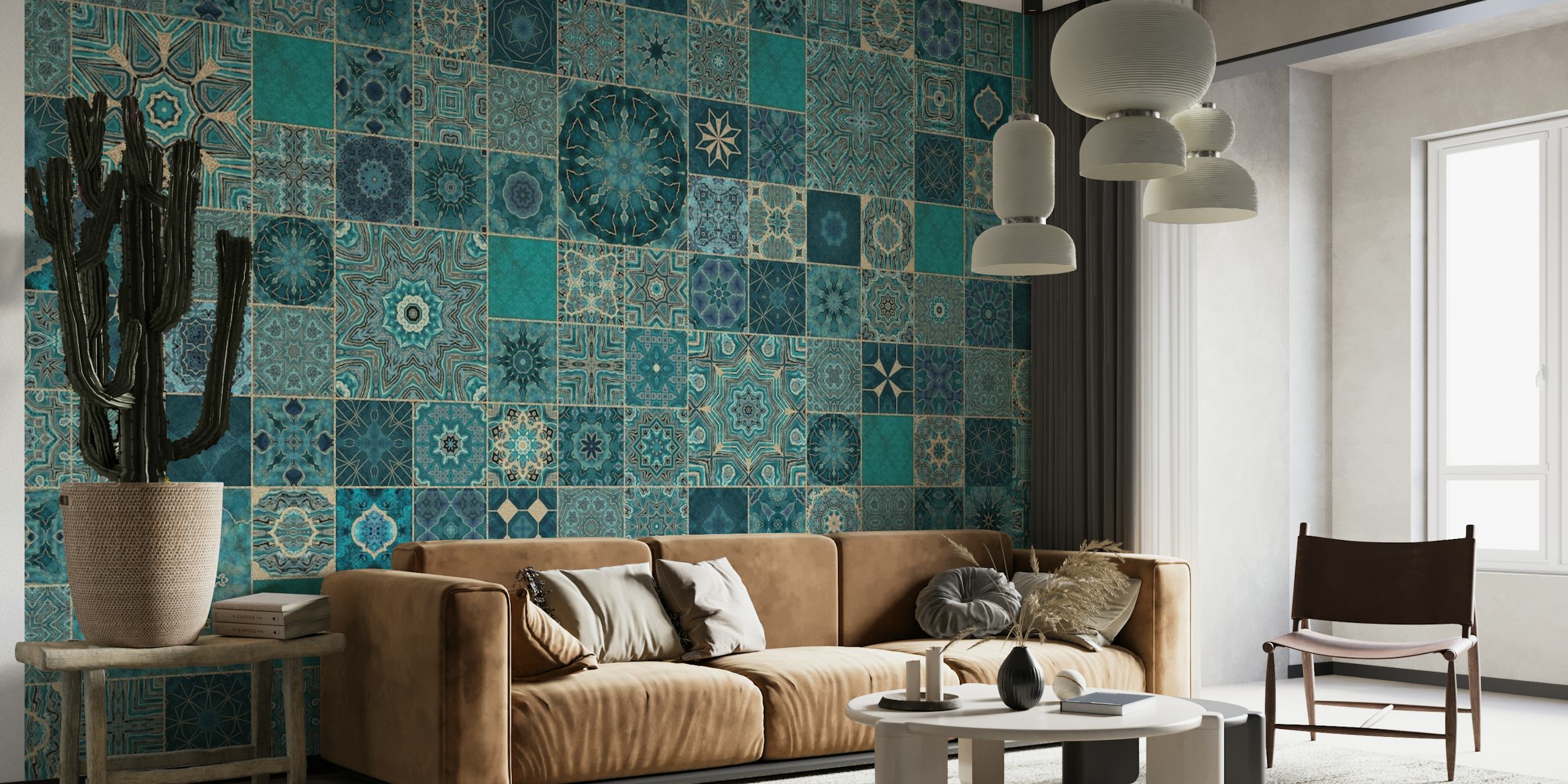 Azulejo Tiles Teal Gold wallpaper