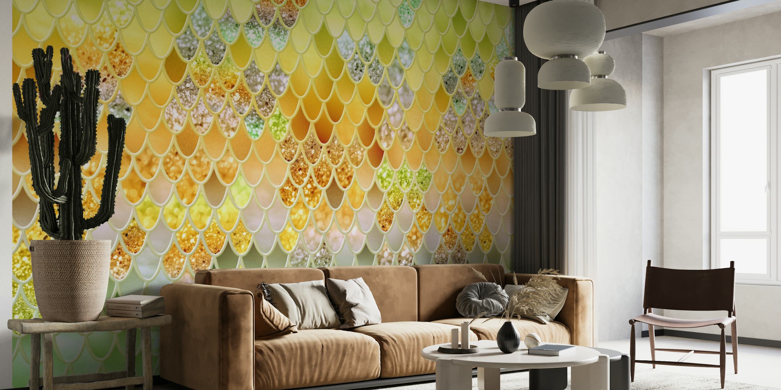 Fotomural vinílico de parede padrão de escamas de sereia com efeito de brilho pastel