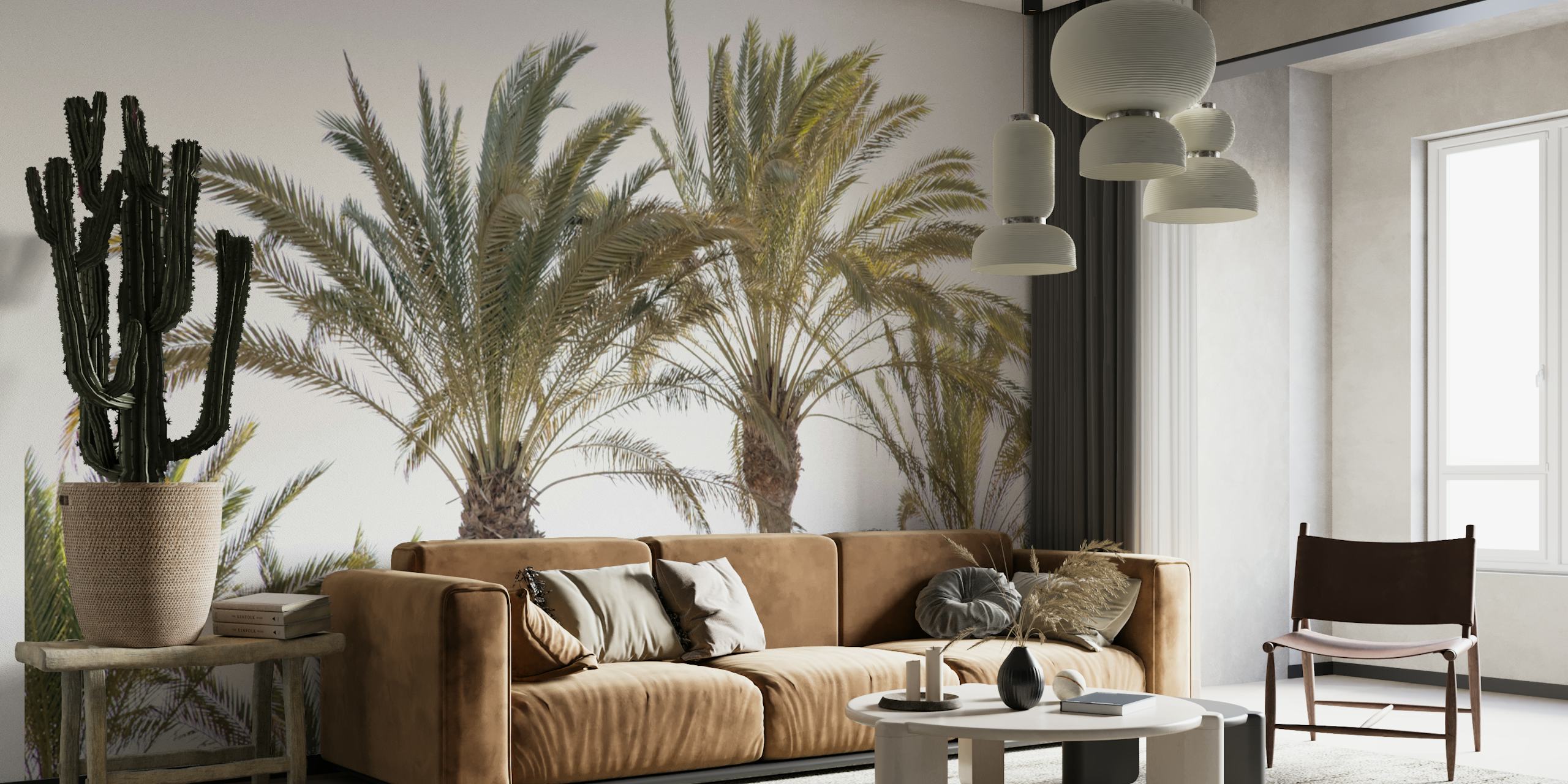 Tropical palm trees with green leaves and brown trunks wallpaper