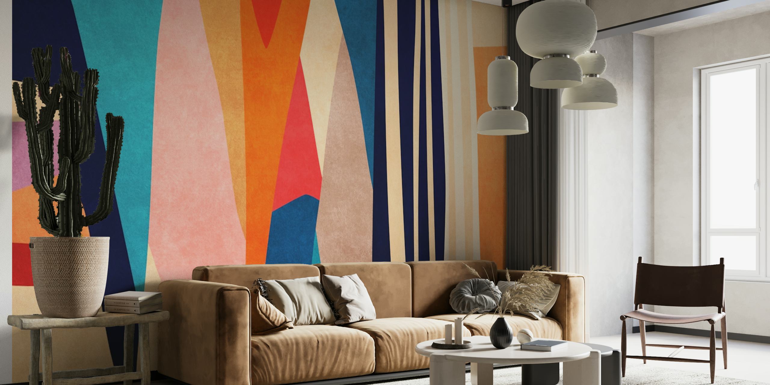 Colorful abstract geometric shapes in red, blue, and gold wallpaper