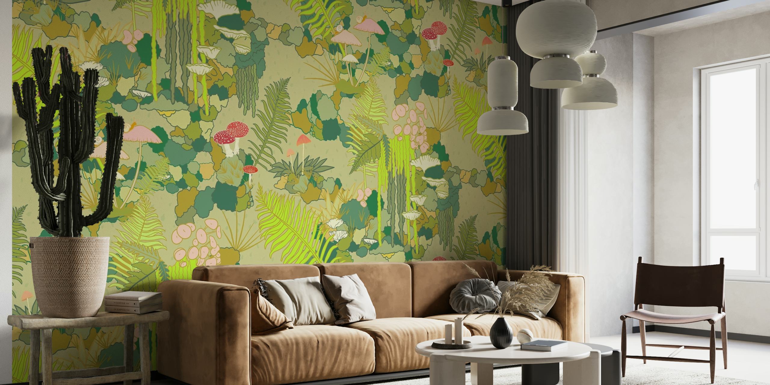 Mossy Forest Floor -seinämaalaus, jossa on runsaasti lehtikuvioita ja sieniä
