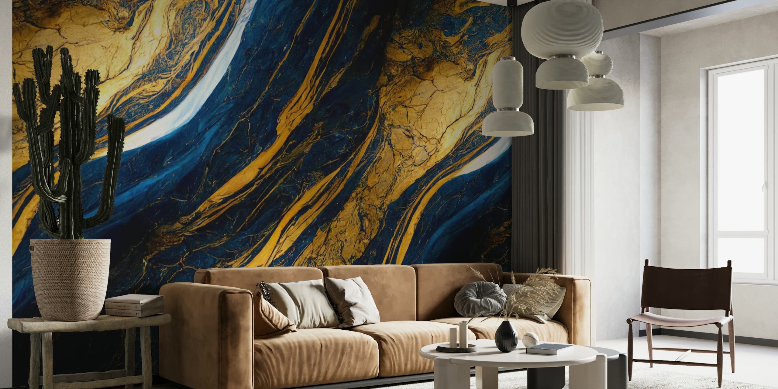 Abstract liquid blue and gold swirls wallpaper