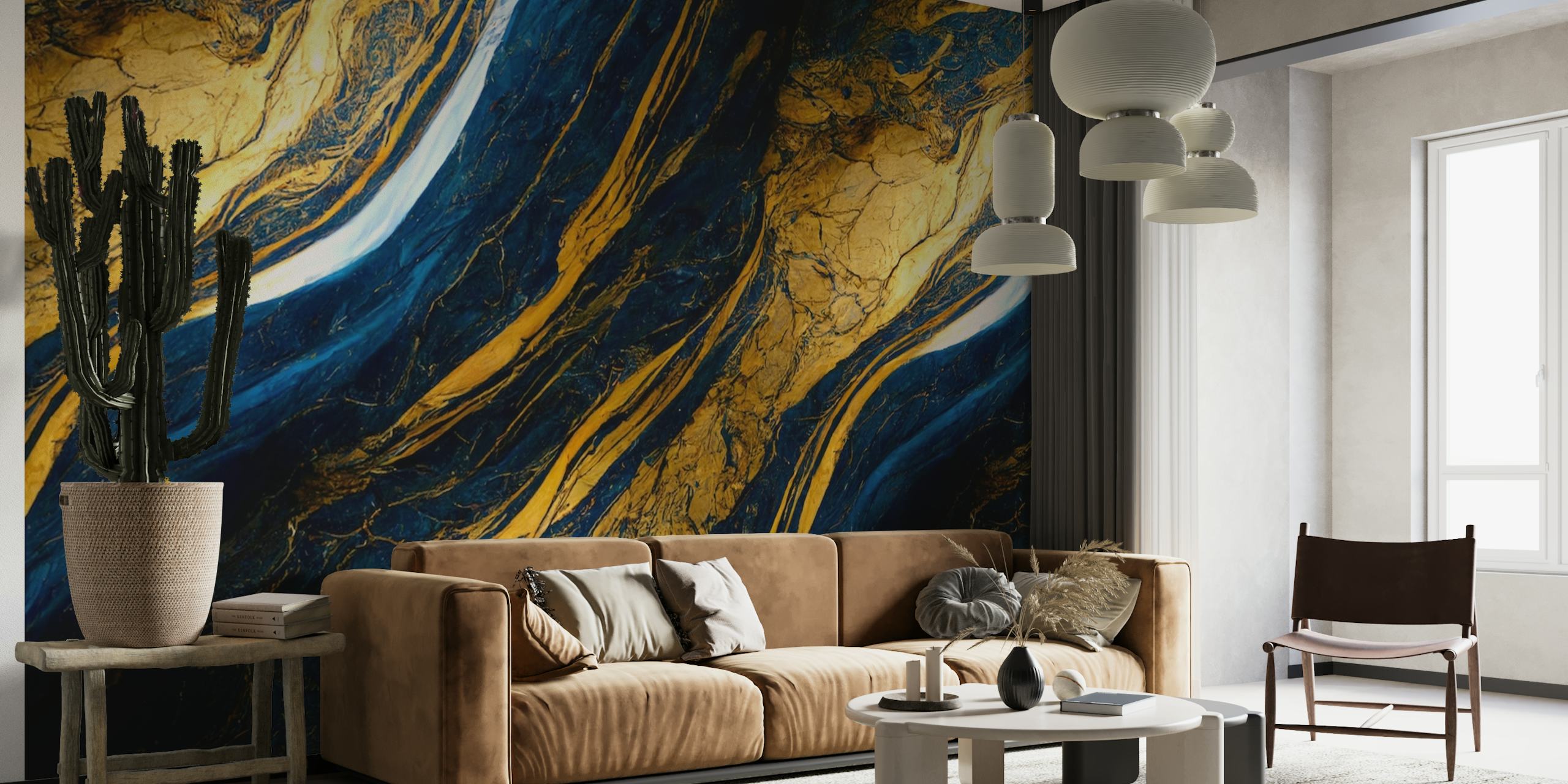 Liquid blue Moody rivers with gold gemstone wallpaper