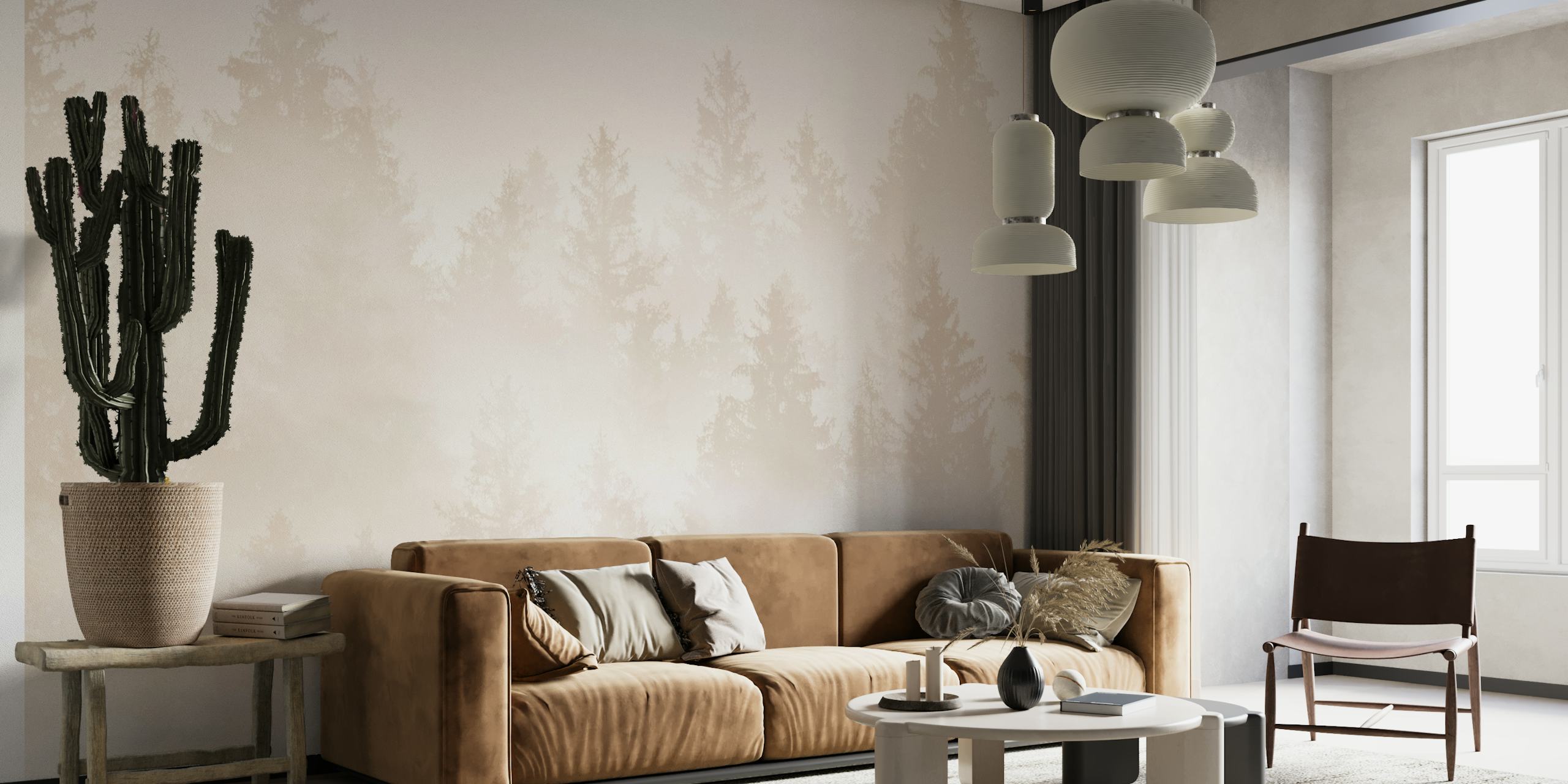 Soft beige forest silhouettes and misty background wallpaper