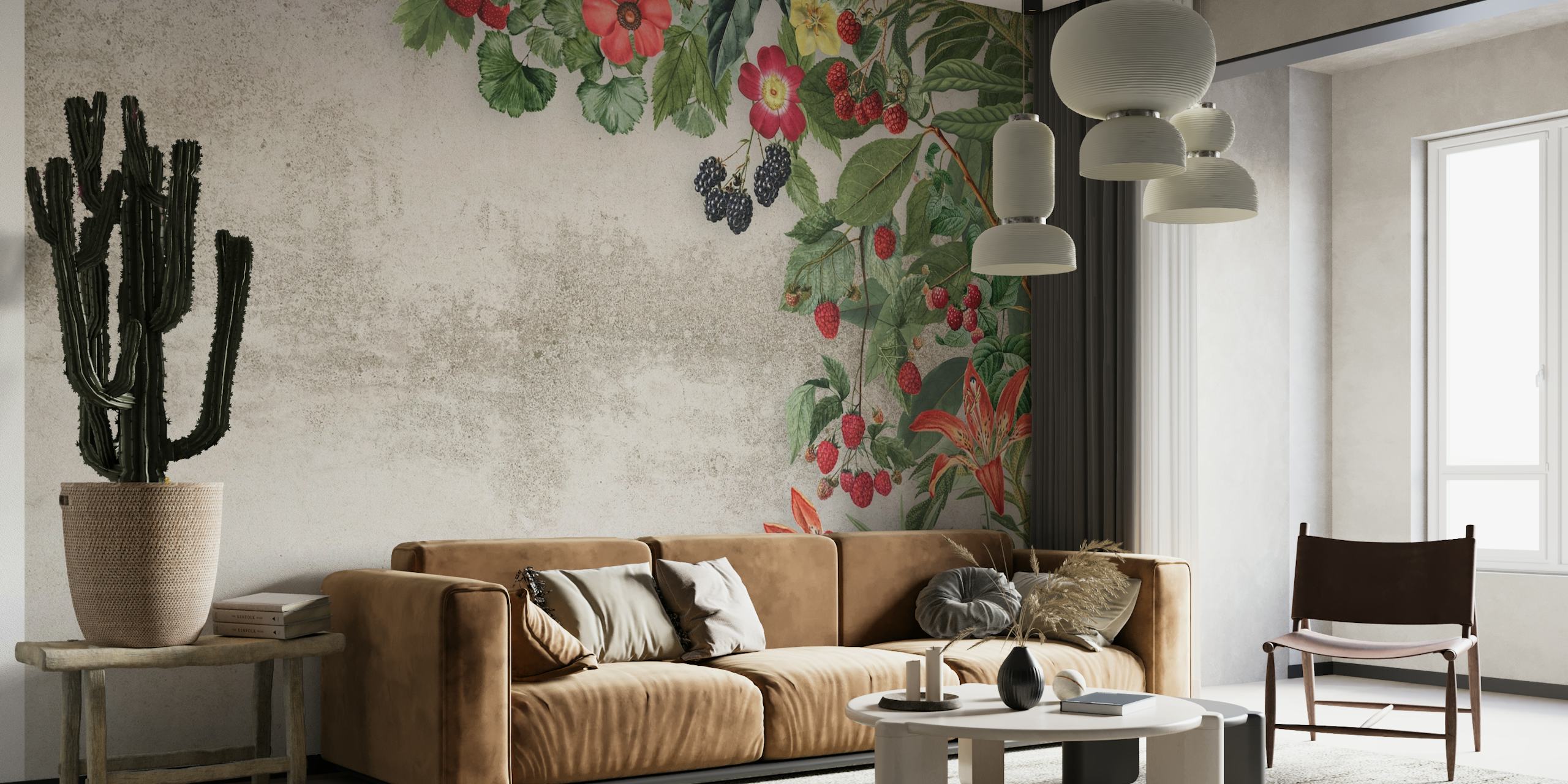 A tasteful 'Summer Berries' wall mural with a palette of red, blue, and green summer fruits and flowers on a neutral background.