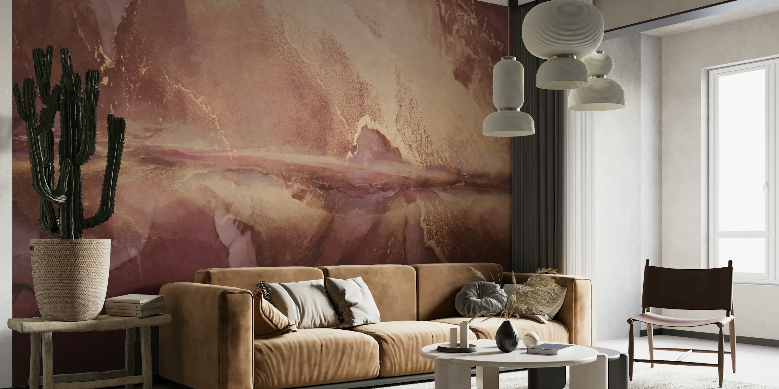 Abstract landscape wall mural with earth tones and reflective water imagery