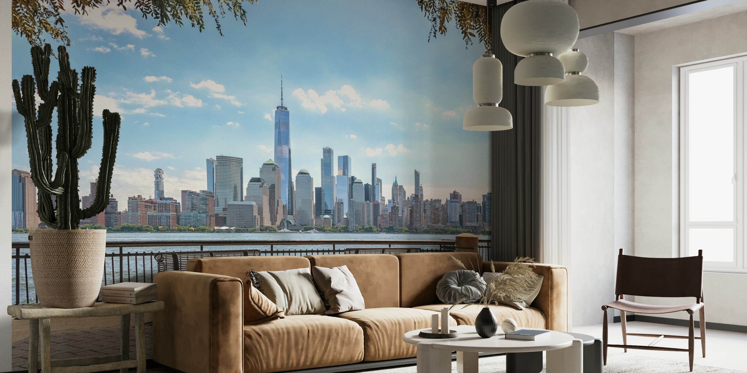 New York City skyline view with benches and a blue sky wallpaper