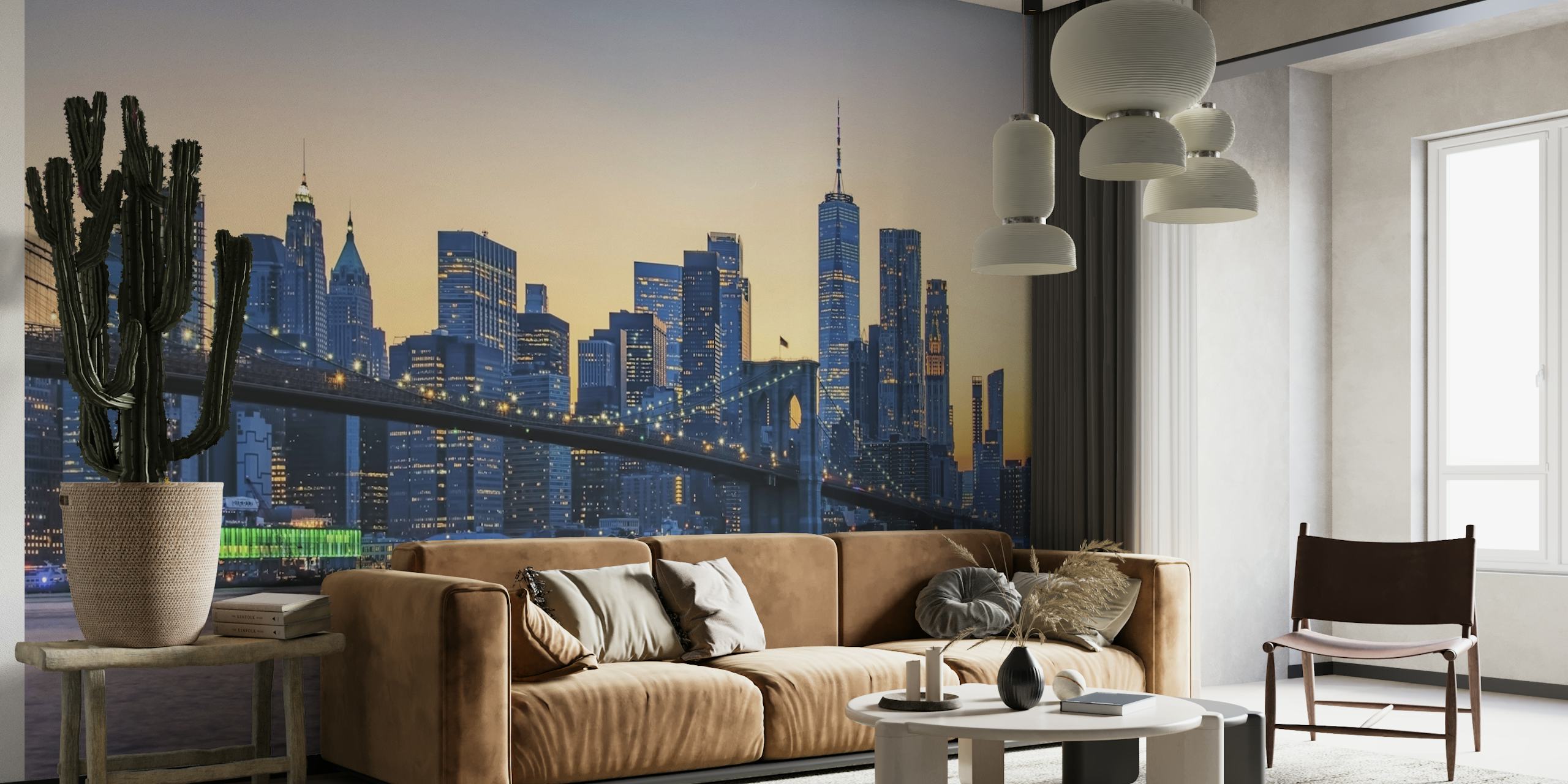 New York City skyline with a bridge at sunset wallpaper