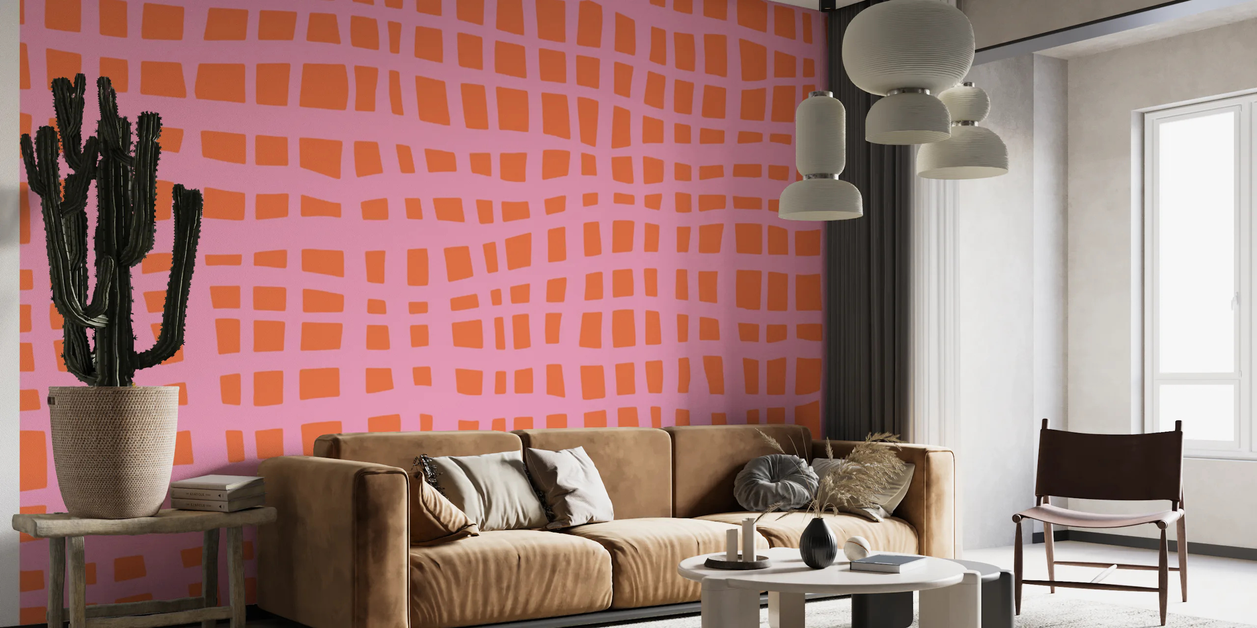 Retro Grid Pattern Orange Pink Wallpaper | Happywall