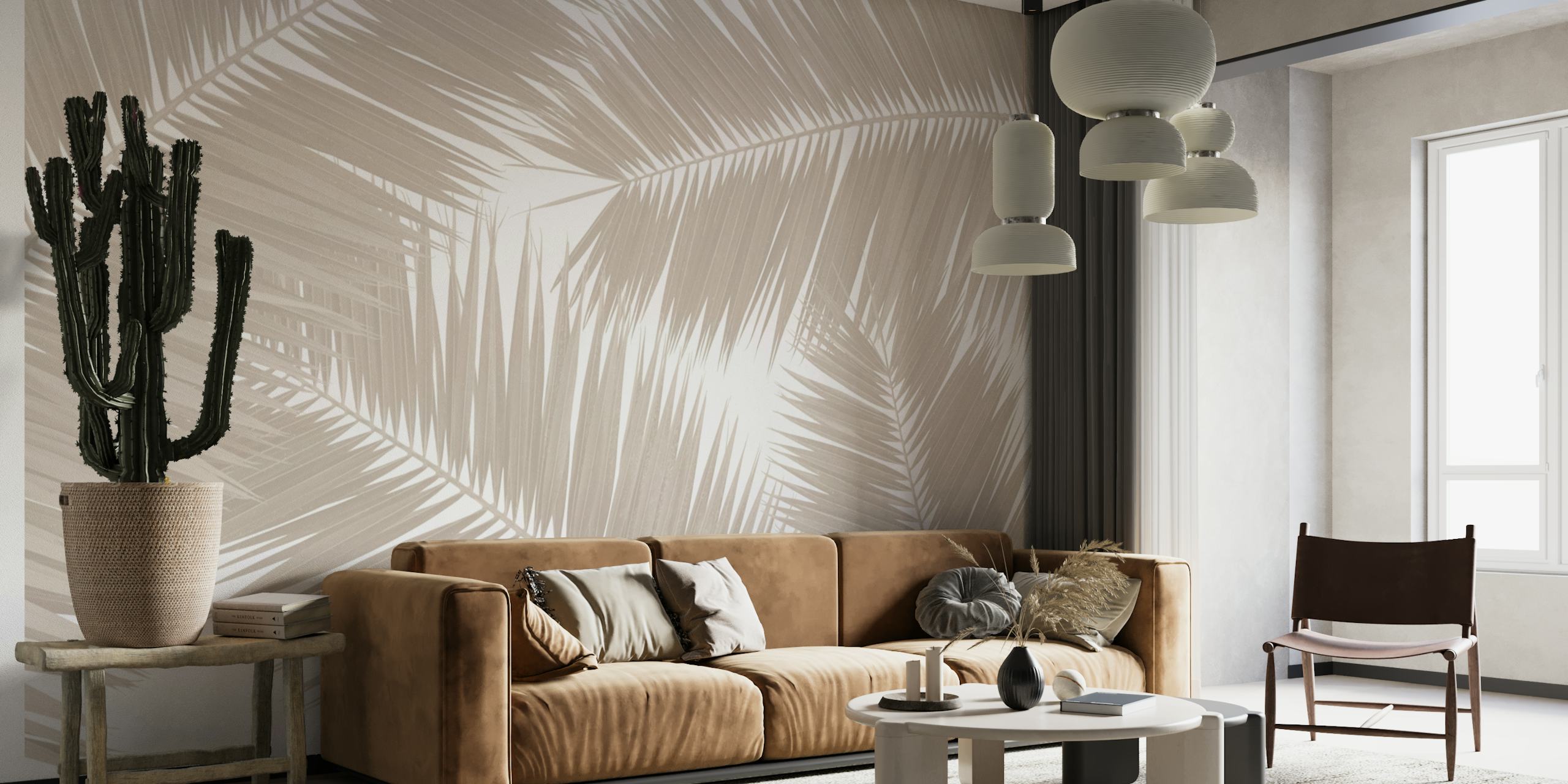 Carta da parati con foglie di palma beige tenui e illustrazioni delicate