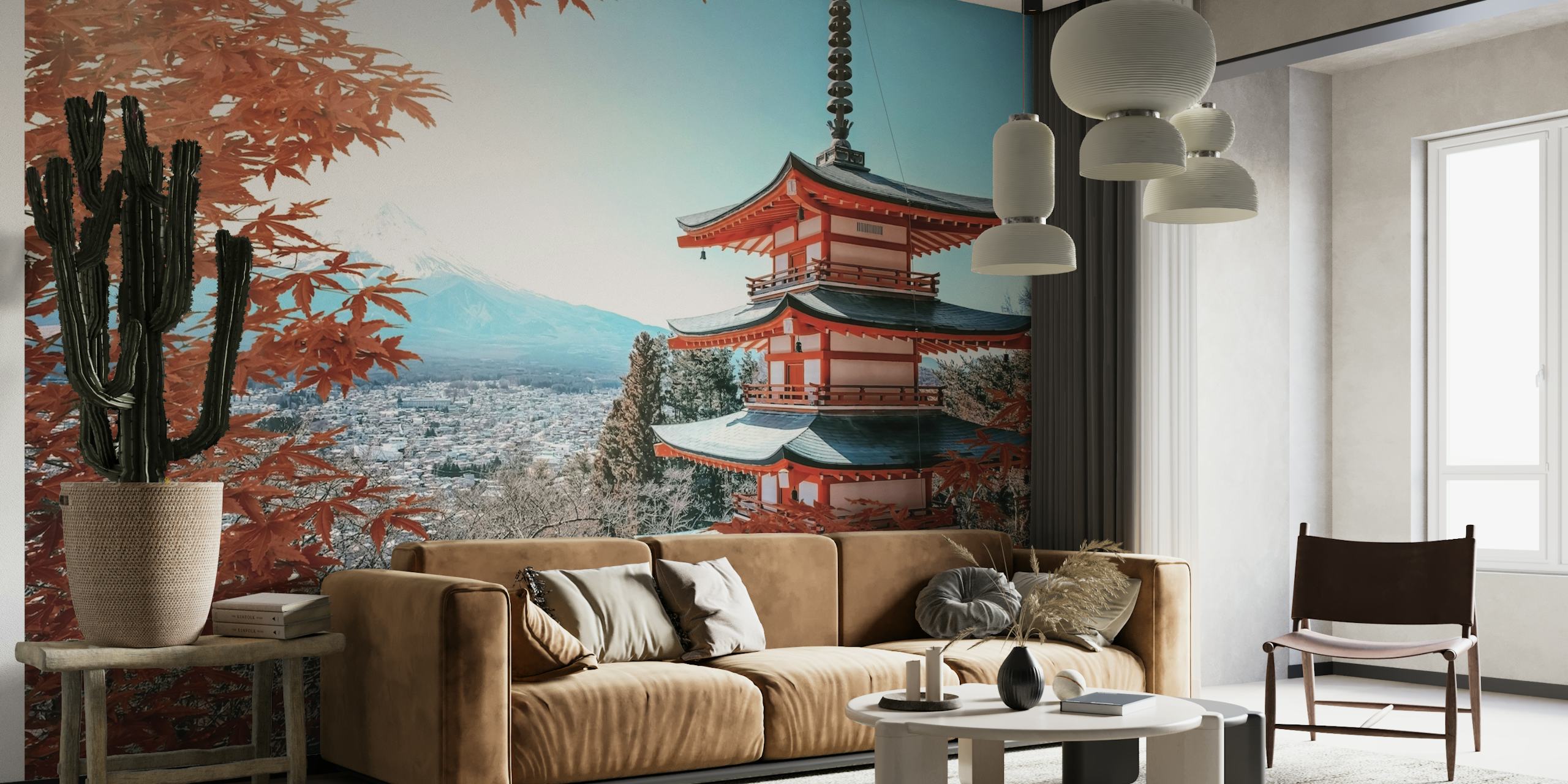 Chureito Pagoda wall mural with autumn leaves and Mount Fuji