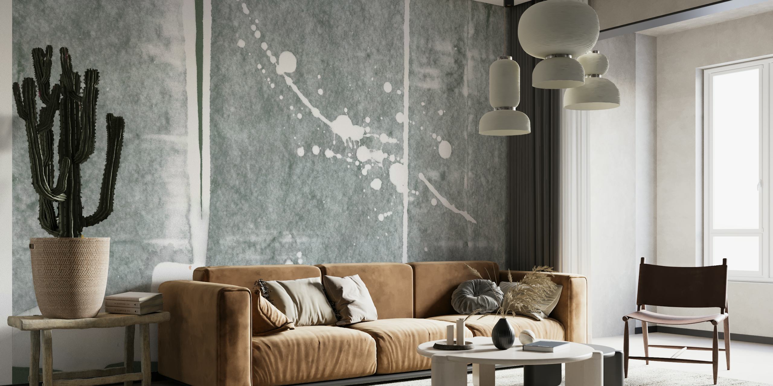 Abstract tension fields wall mural in gray and green tones