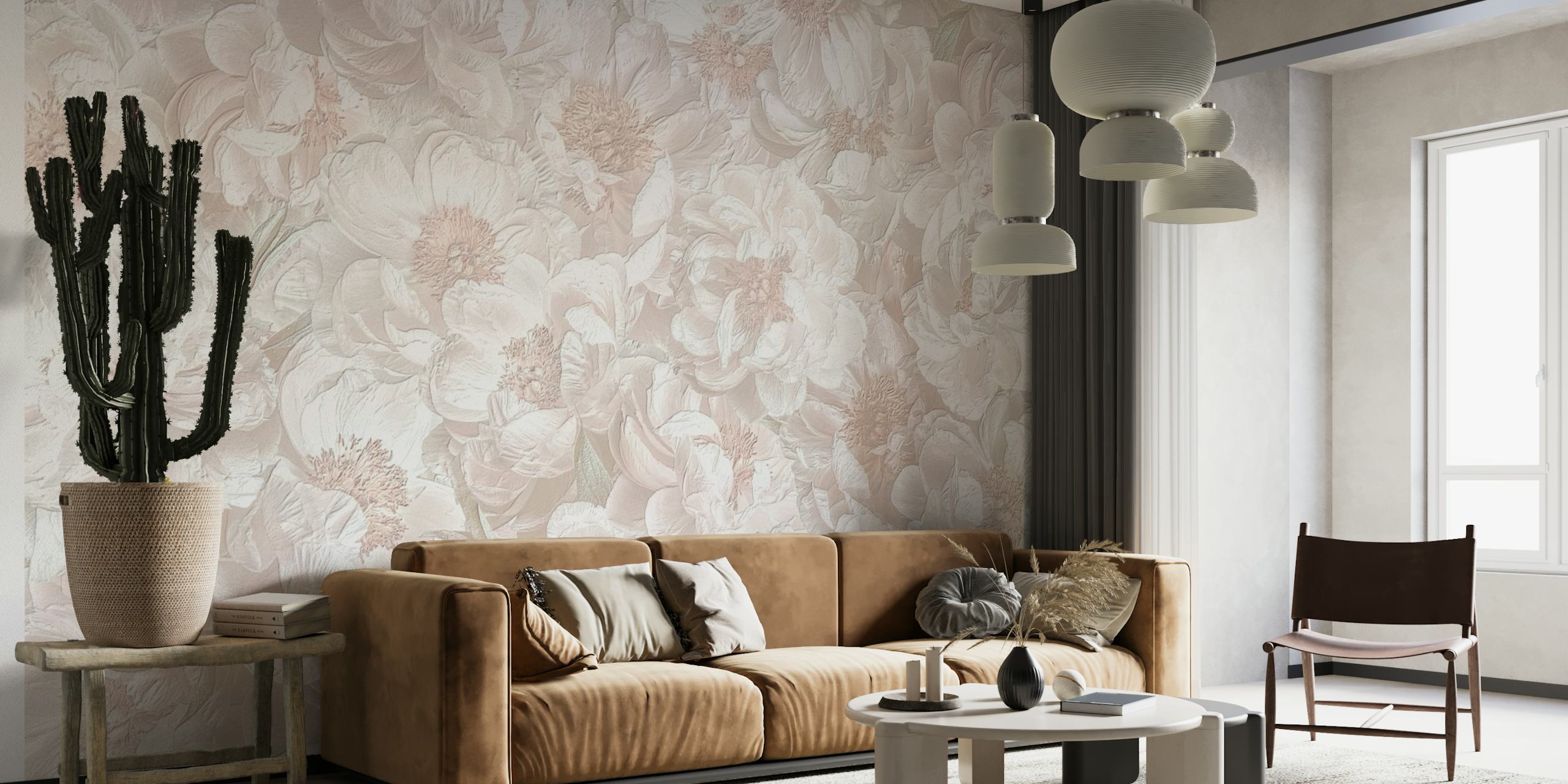 Elegante witte bloemen design muurschildering voor een rustgevend interieur