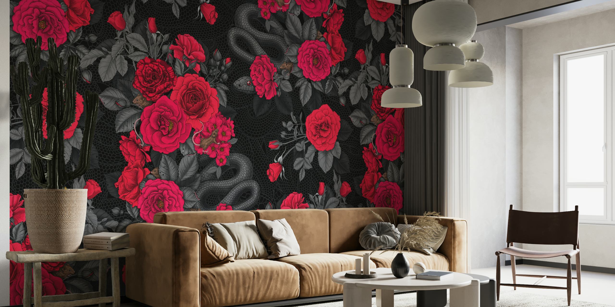 Black wallpaper featuring red roses and a snake design.