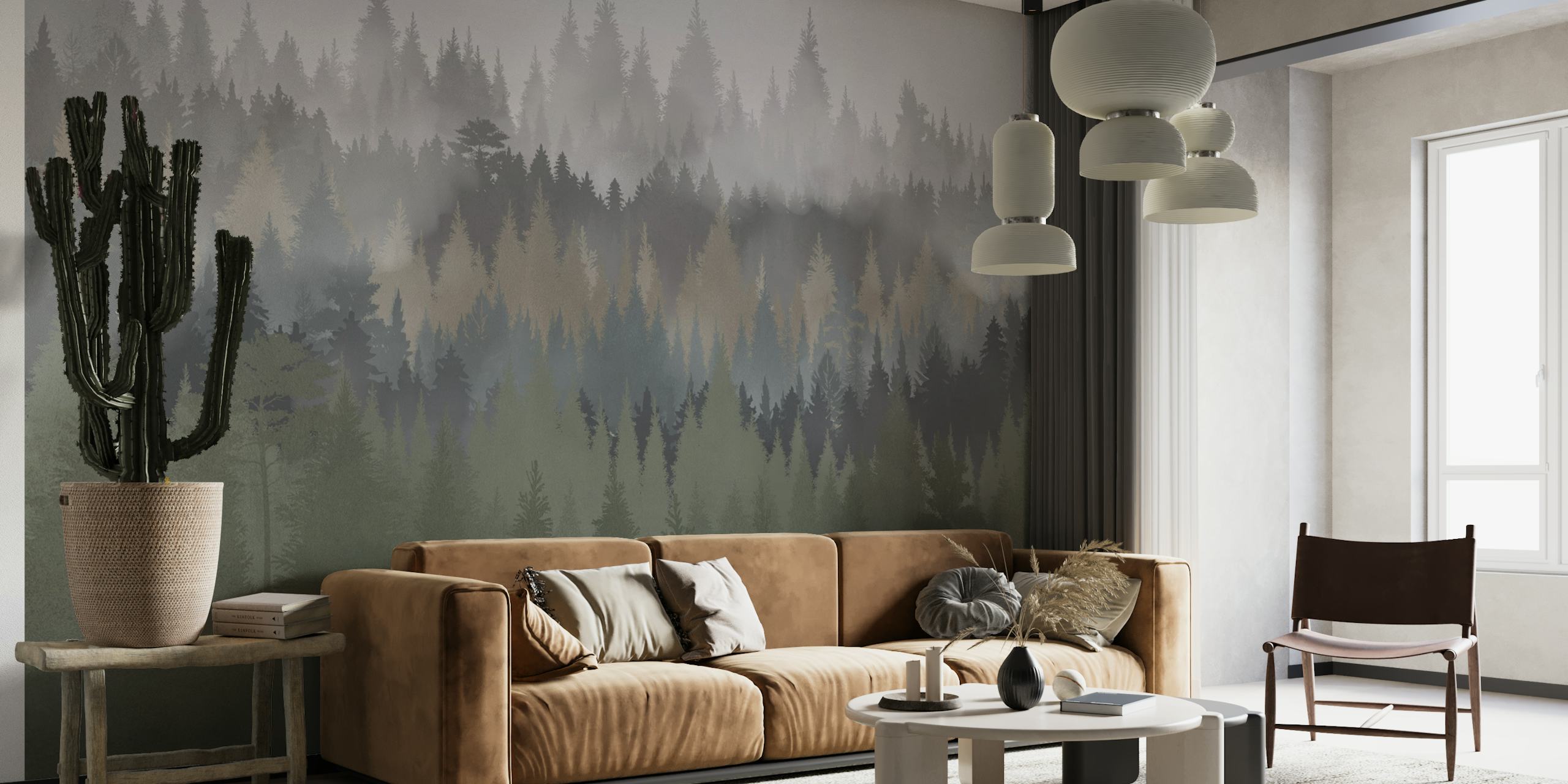 Misty forest wall mural with layers of dark trees vanishing into fog