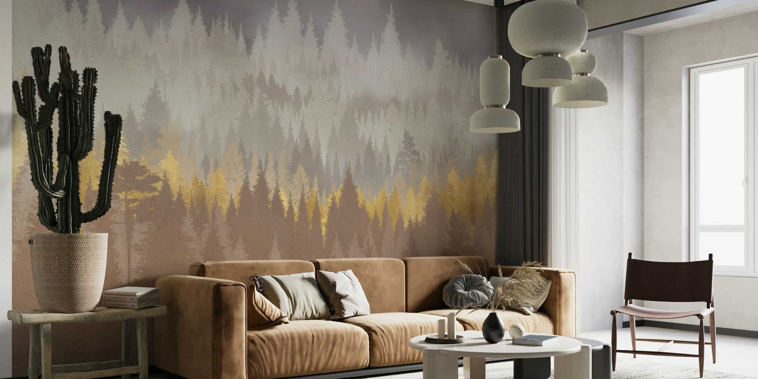 Vægmaleri af en tåget skov med gyldne toner