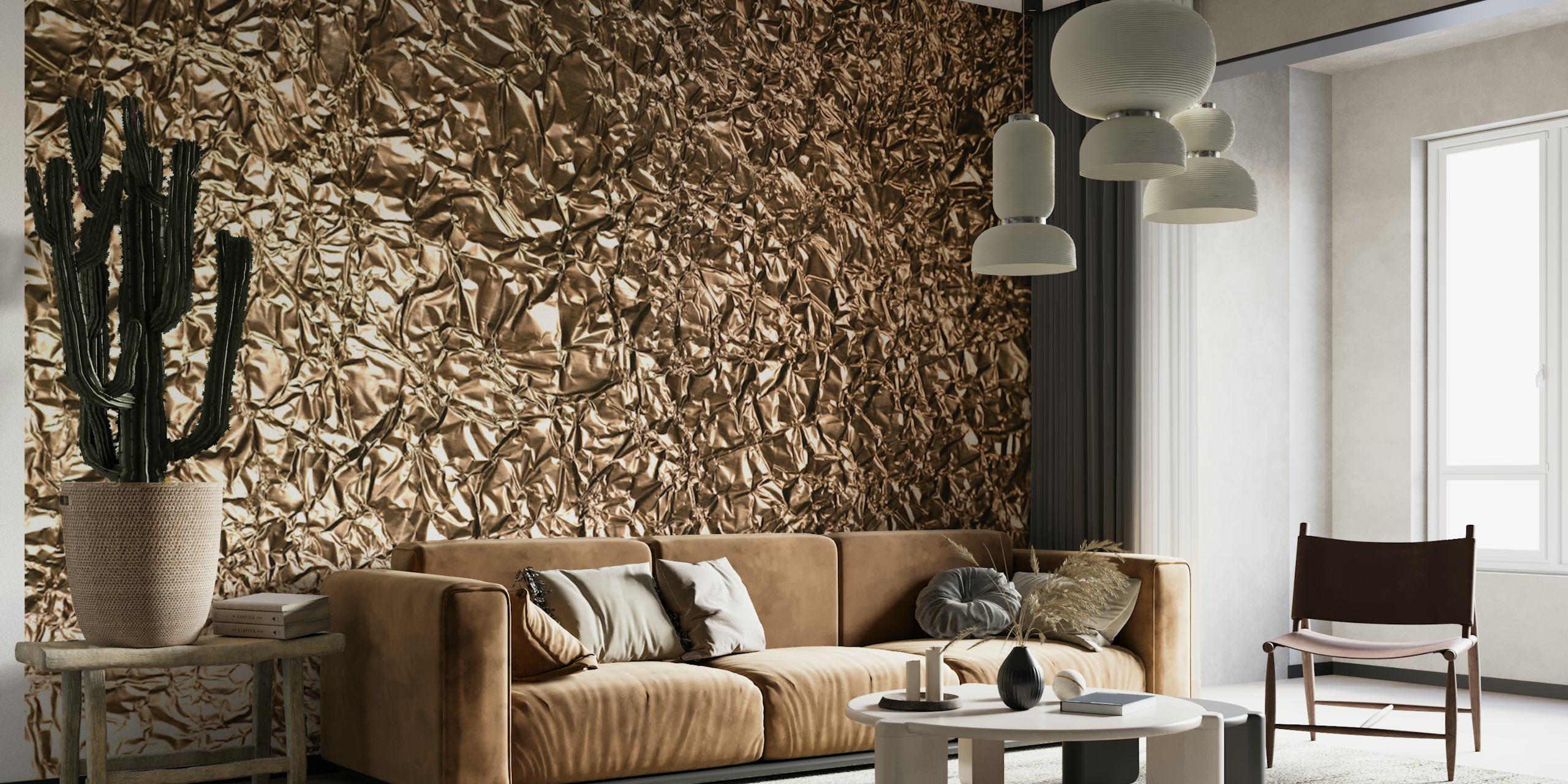Textured gold foil wallpaper with a crinkled pattern.