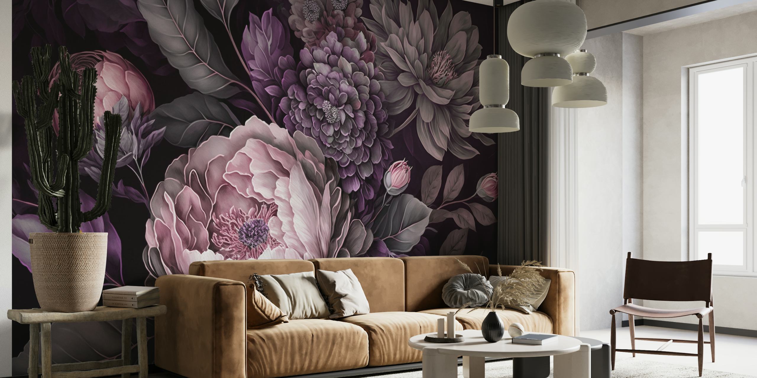 Luksuriøs lyserød barok-stil stort blomstret vægmaleri