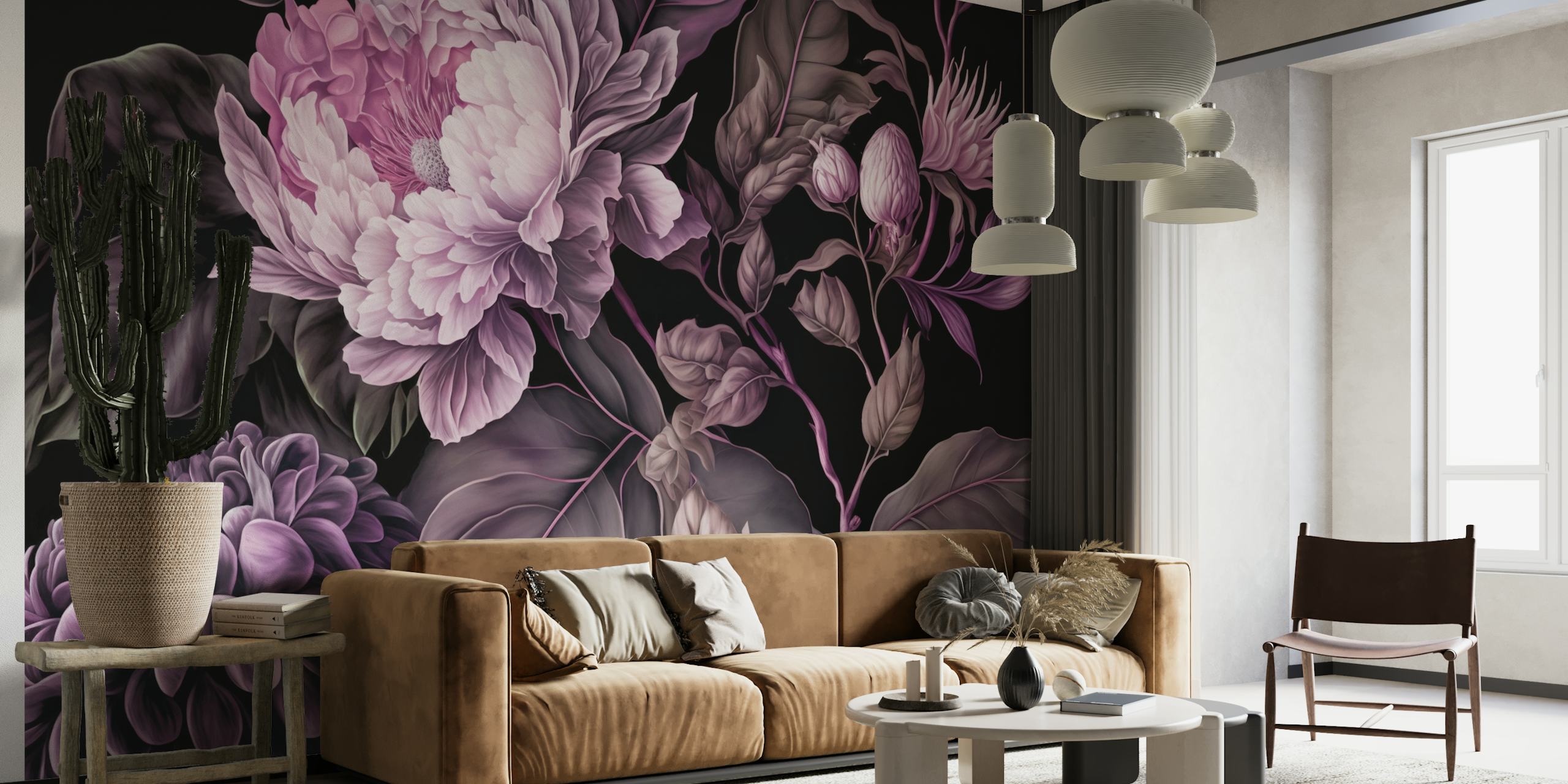 Opulent moody baroque large floral pattern wall mural for a dramatic home decor.