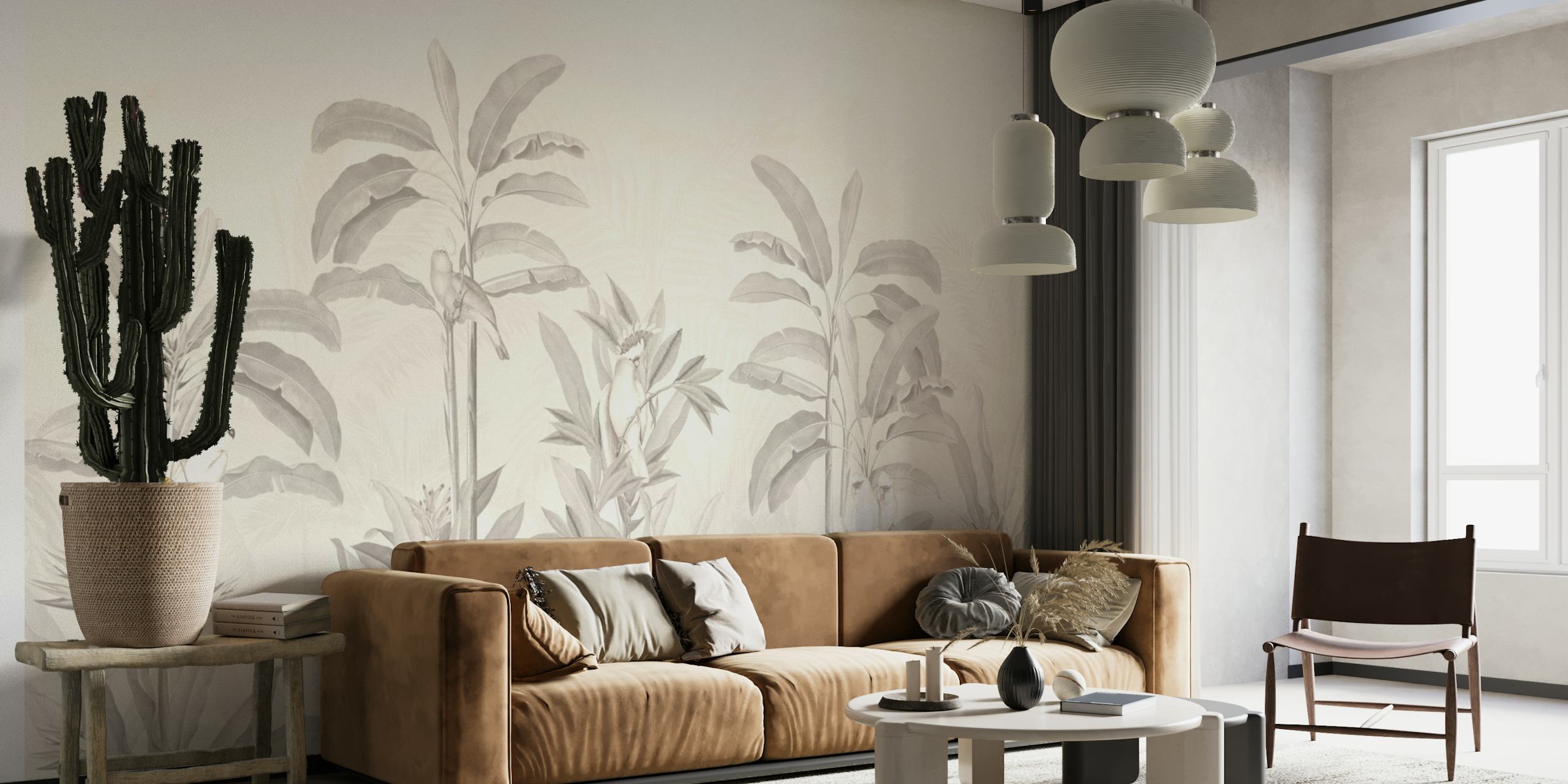 Beige jungle panorama wall mural with subtle foliage design