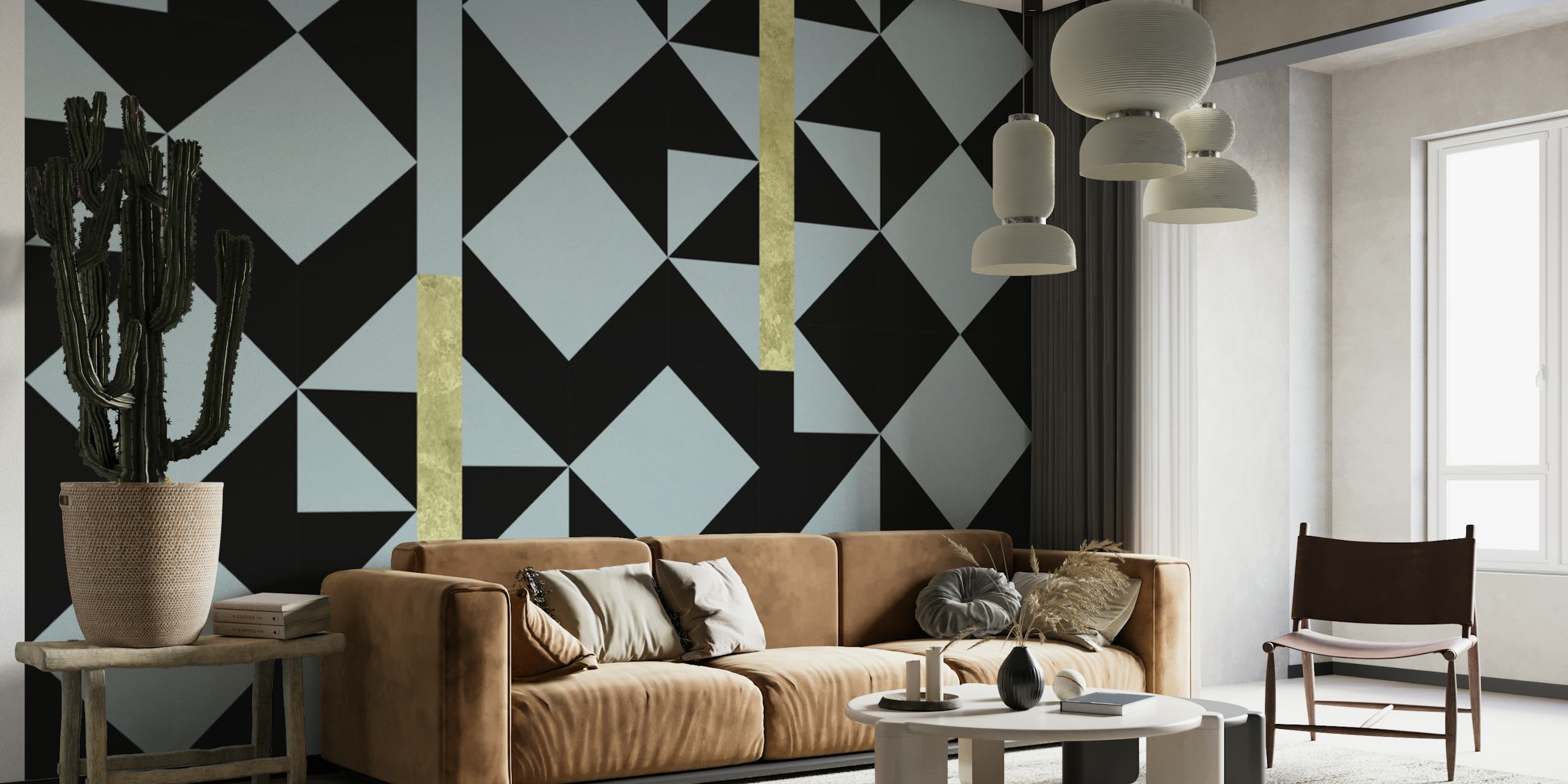 Geometric blue diamond pattern with gold accents on black wallpaper