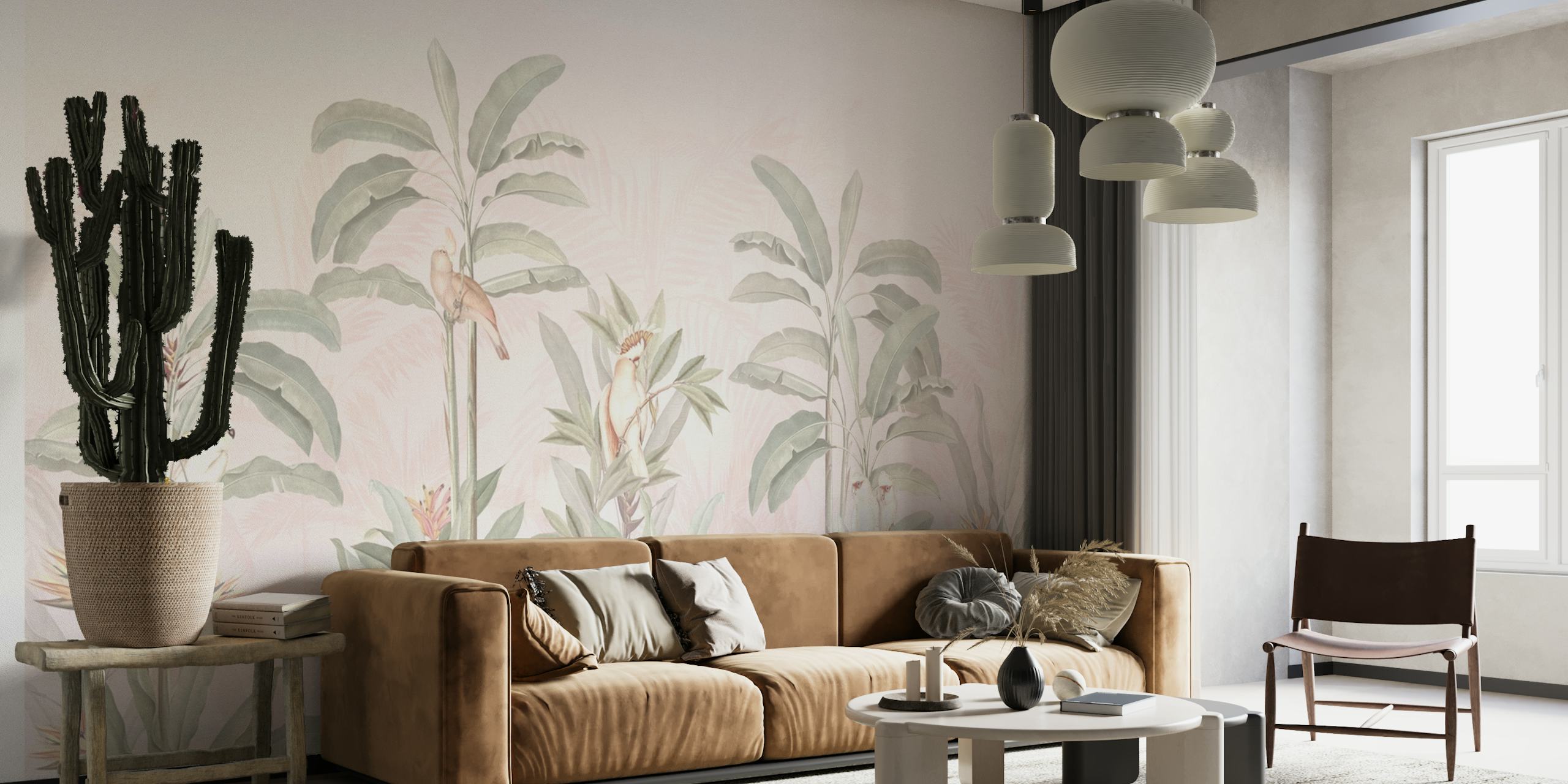 Pastel blush tropisk løv vægmaleri