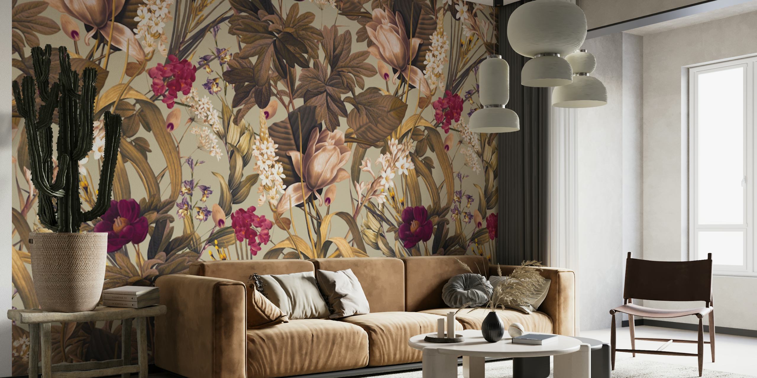 Garden of Eden IV wall mural with florals in burgundy, cream and brown
