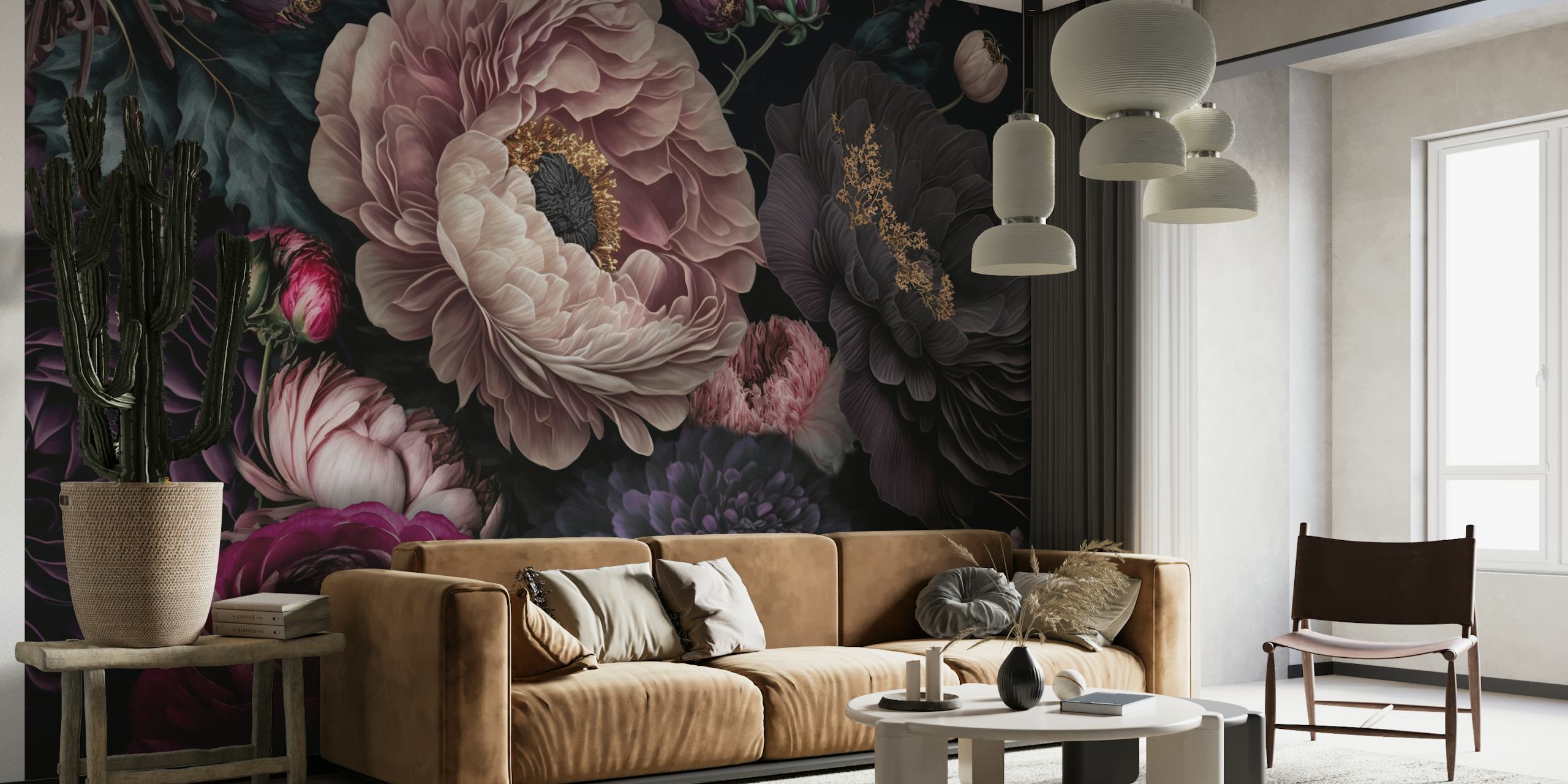 Carta da parati floreale lunatica con ricchi toni scuri ed eleganti peonie e rose