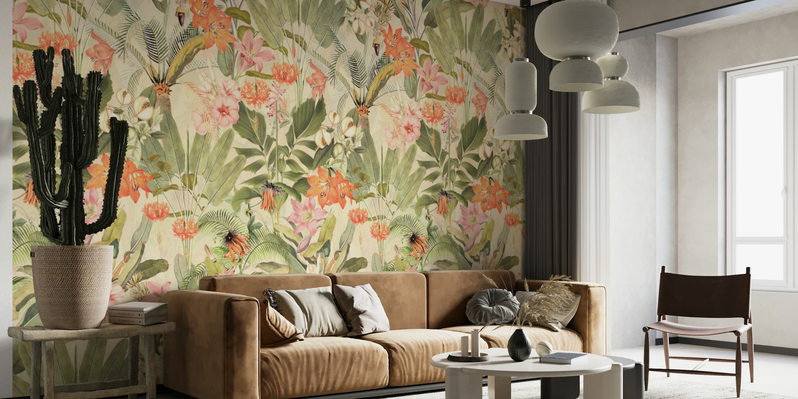 Tropical hibiscus flowers and palm leaves in pastel colors wallpaper