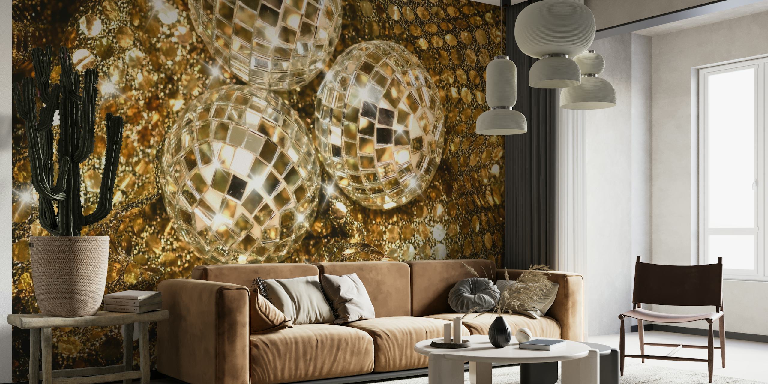 Glimmering disco balls mural with a sparkling gold glitter background
